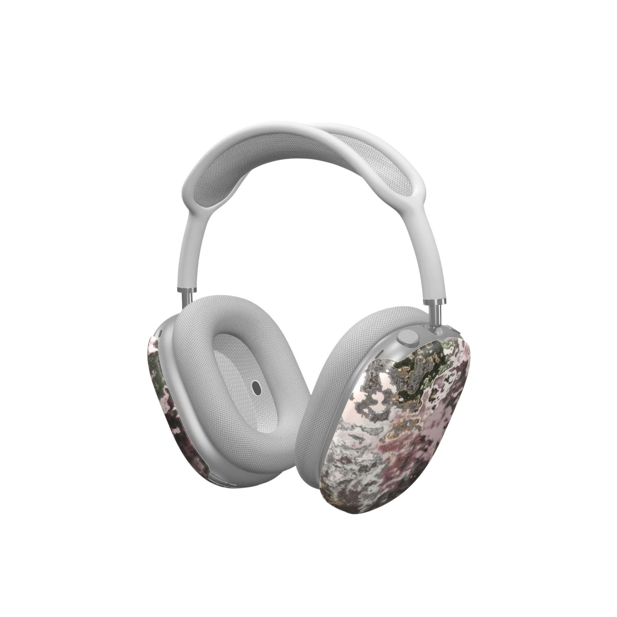Tough AirPods Max case side view; Pink Moss 2 pattern, artistic, abstract marble pattern. Pink and grey color combination.