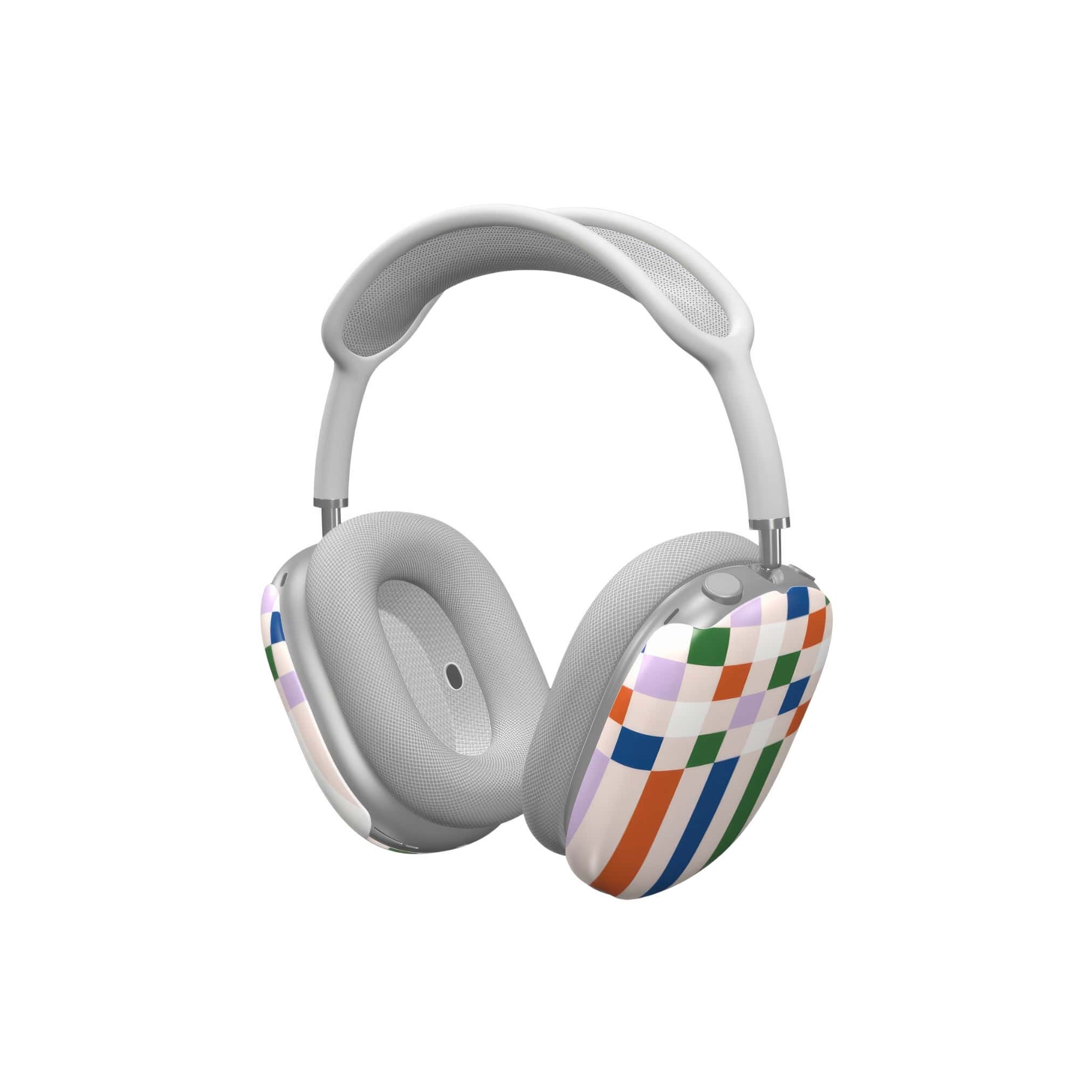 AirPods Max case Pixel Grid Multi pattern design with a bold color blocks in pixel and stripes modern style, featuring an elegant and expressive aesthetic design. Main colors are rich orange, blue, lilac and green. Side view.