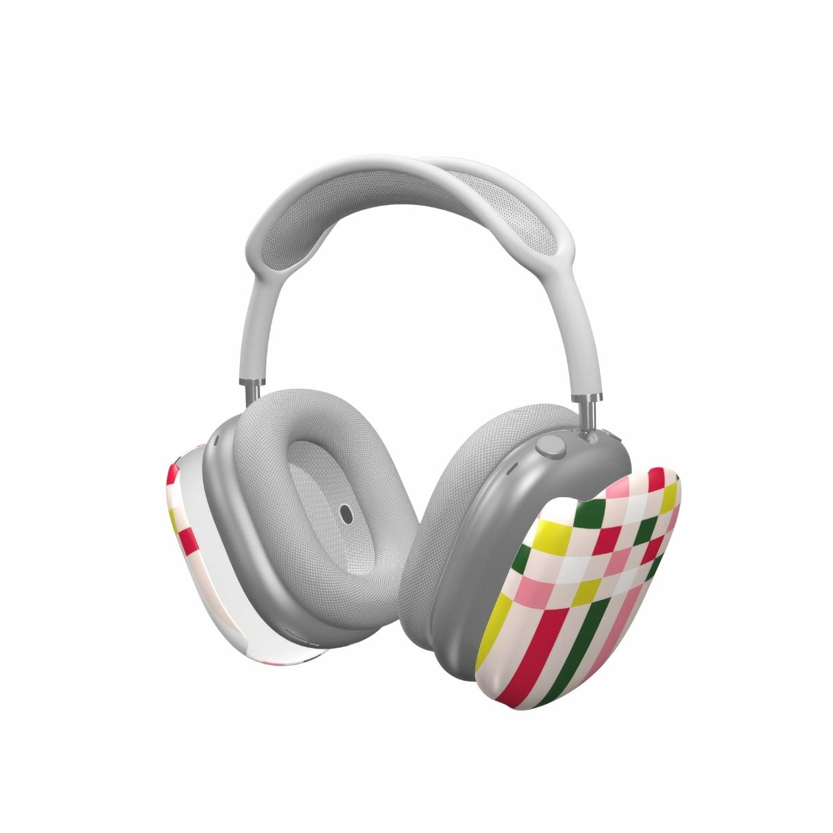 AirPods Max tough case Pixel Grid Pink pattern design with a bold color blocks in pixel and stripes modern style, featuring an elegant and expressive aesthetic design. Main colors are rich red, pink yellow and green. Extend view.