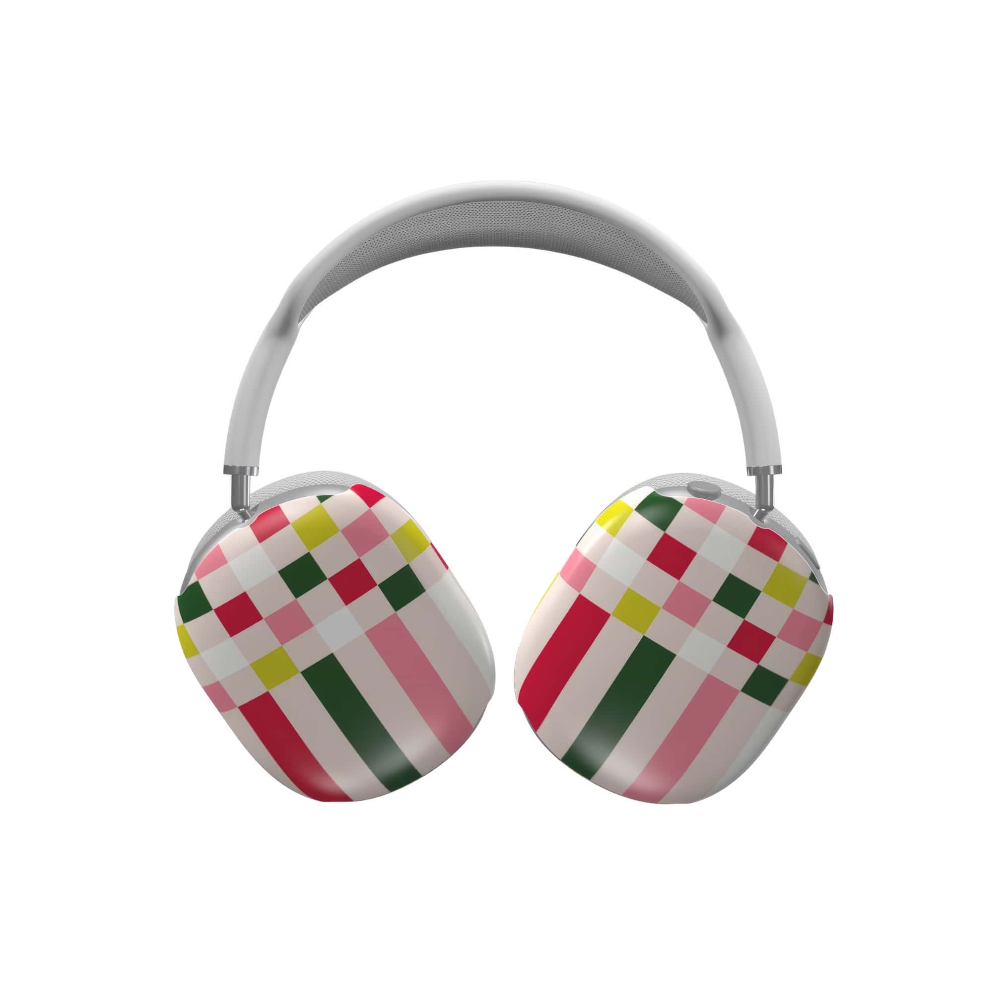AirPods Max tough case Pixel Grid Pink pattern design with a bold color blocks in pixel and stripes modern style, featuring an elegant and expressive aesthetic design. Main colors are rich red, pink yellow and green. Front view.
