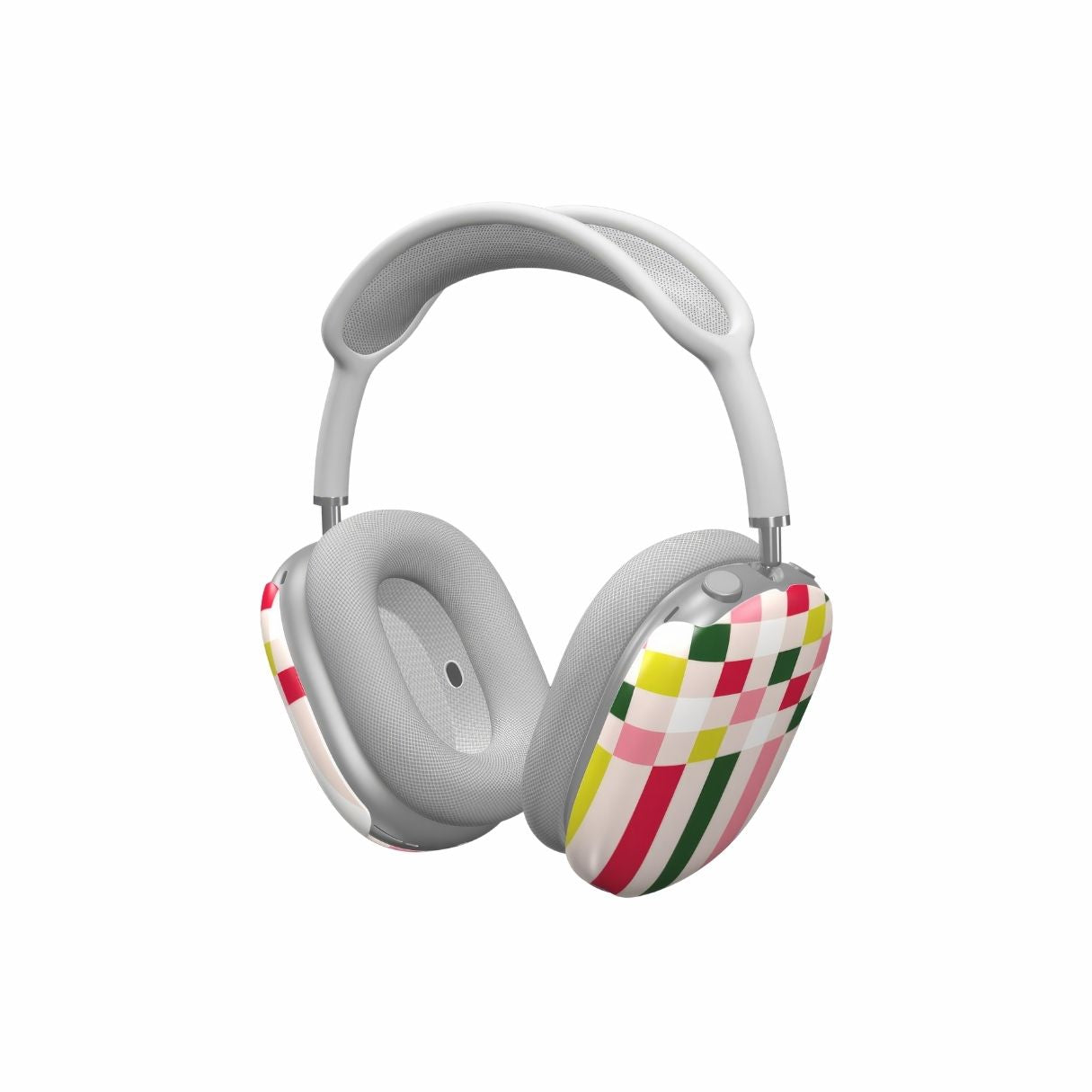 AirPods Max tough case Pixel Grid Pink pattern design with a bold color blocks in pixel and stripes modern style, featuring an elegant and expressive aesthetic design. Main colors are rich red, pink yellow and green. Side view.