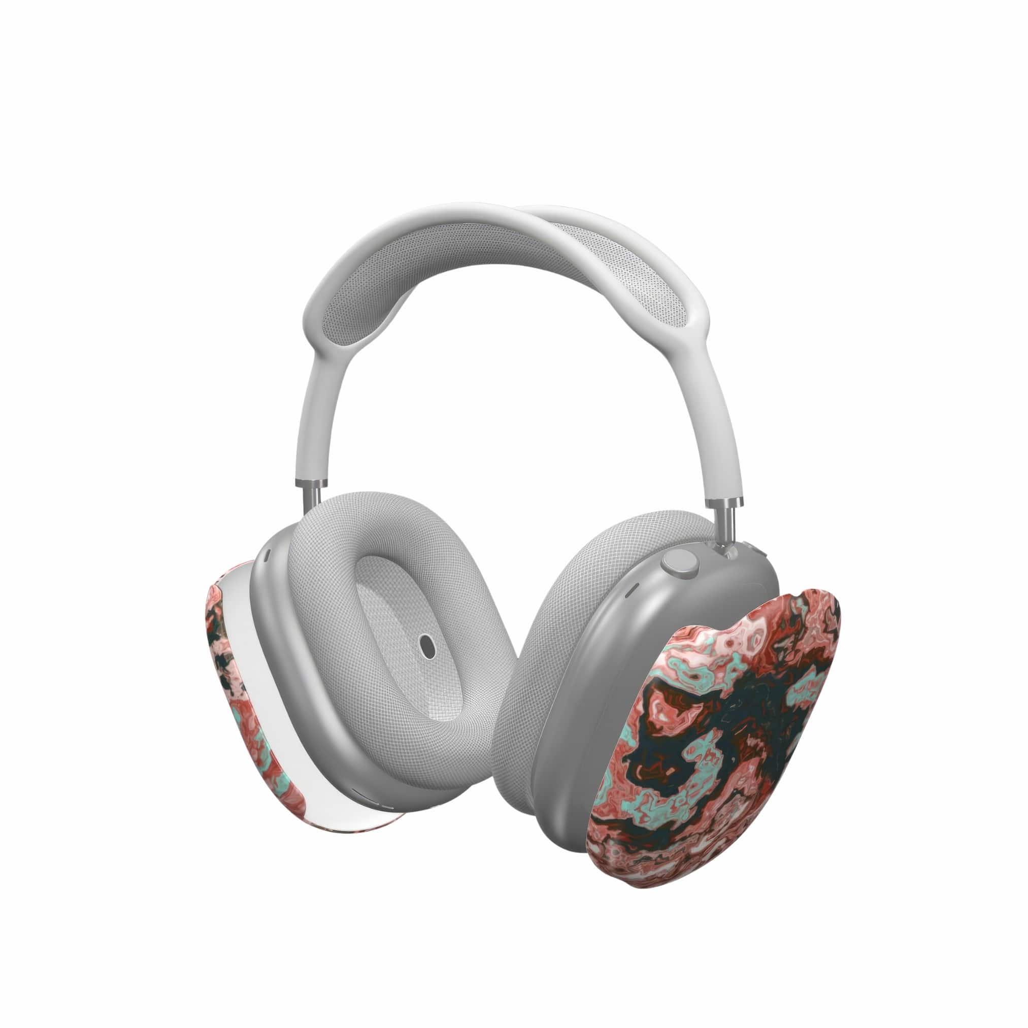 Tough AirPods Max case extend view; Red Coffee 1 pattern, artistic, abstract marble pattern. Red and light blue color combination.