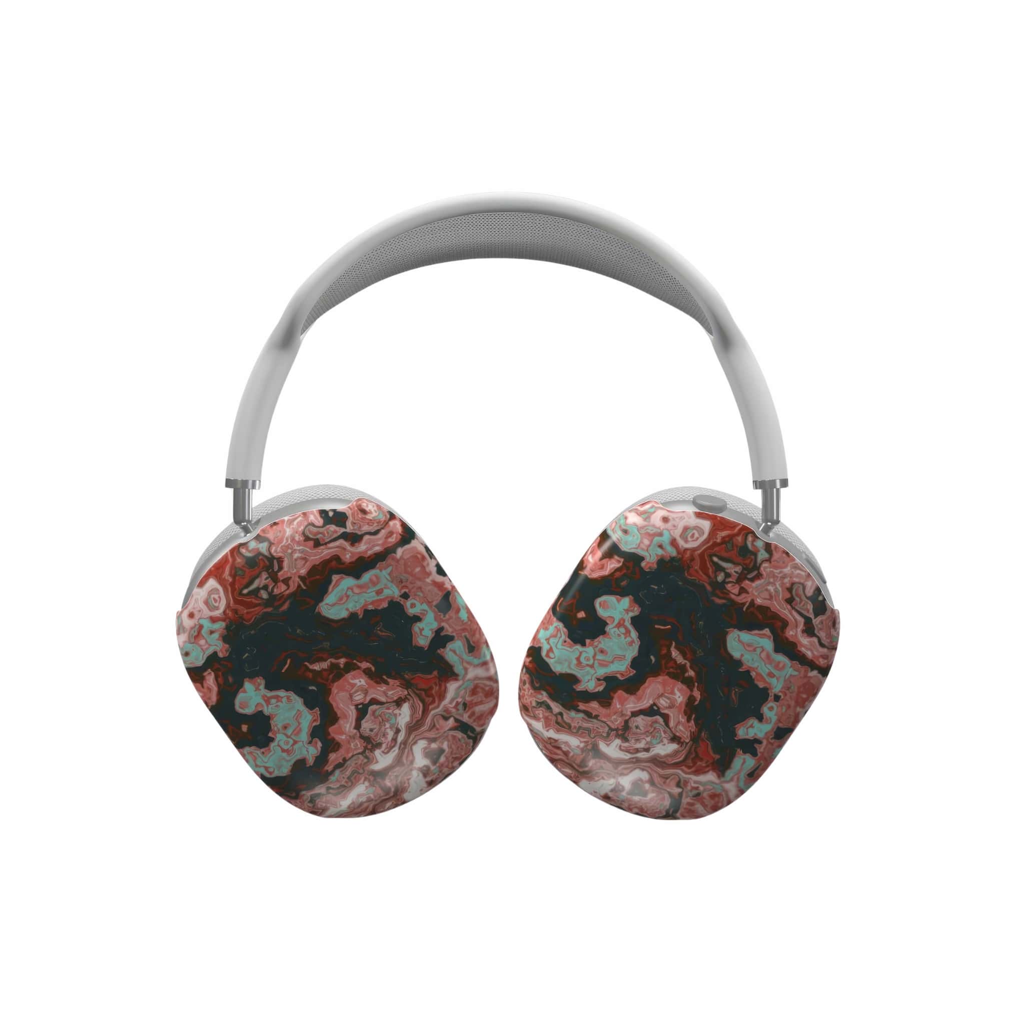 Tough AirPods Max case front view; Red Coffee 1 pattern, artistic, abstract marble pattern. Red and light blue color combination. Bold expressive aesthetic design. Colorful and interior fit. Elegant.