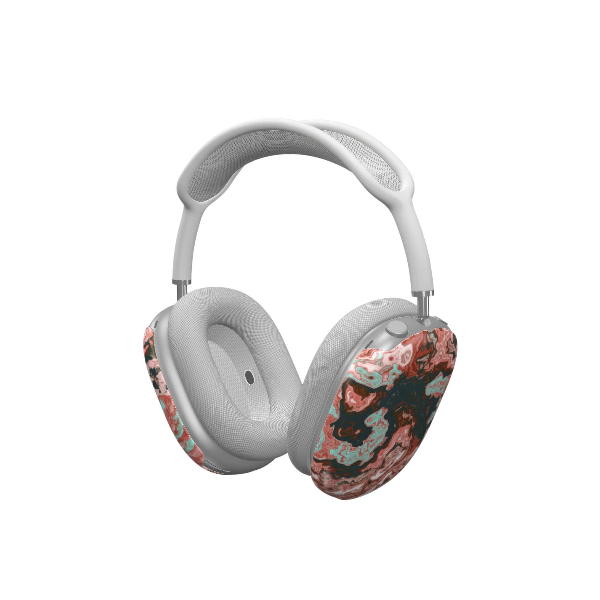 Tough AirPods Max case side view; Red Coffee 1 pattern, artistic, abstract marble pattern. Red and light blue color combination.