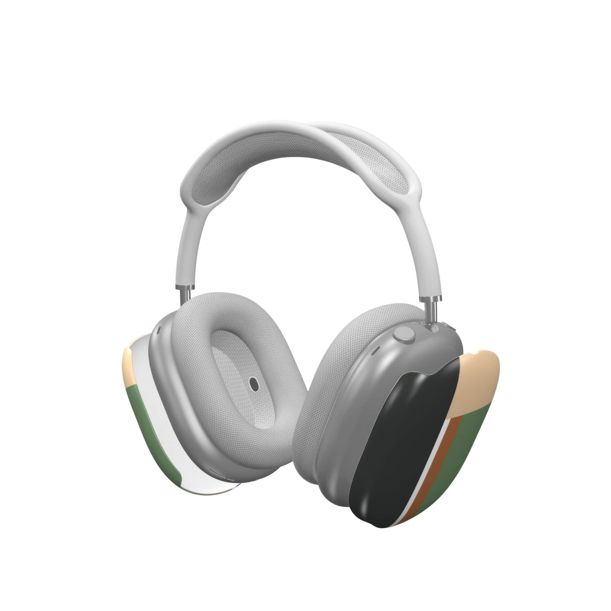 AirPods Max tough case Retro Stripes Khaki pattern design with a bold color blocks in vintage, mid century modern style, featuring an elegant and expressive aesthetic design. Main colors are khaki, dark green, brown and cappuccino. Extend view.