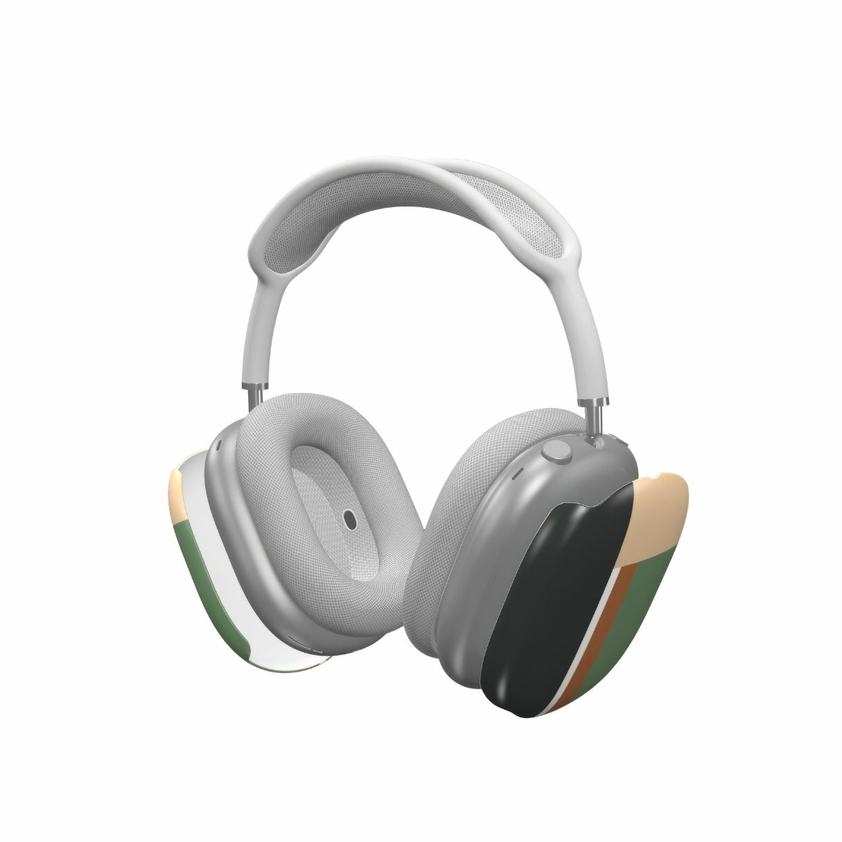 AirPods Max tough case Retro Stripes Khaki pattern design with a bold color blocks in vintage, mid century modern style, featuring an elegant and expressive aesthetic design. Main colors are khaki, dark green, brown and cappuccino. Extend view.