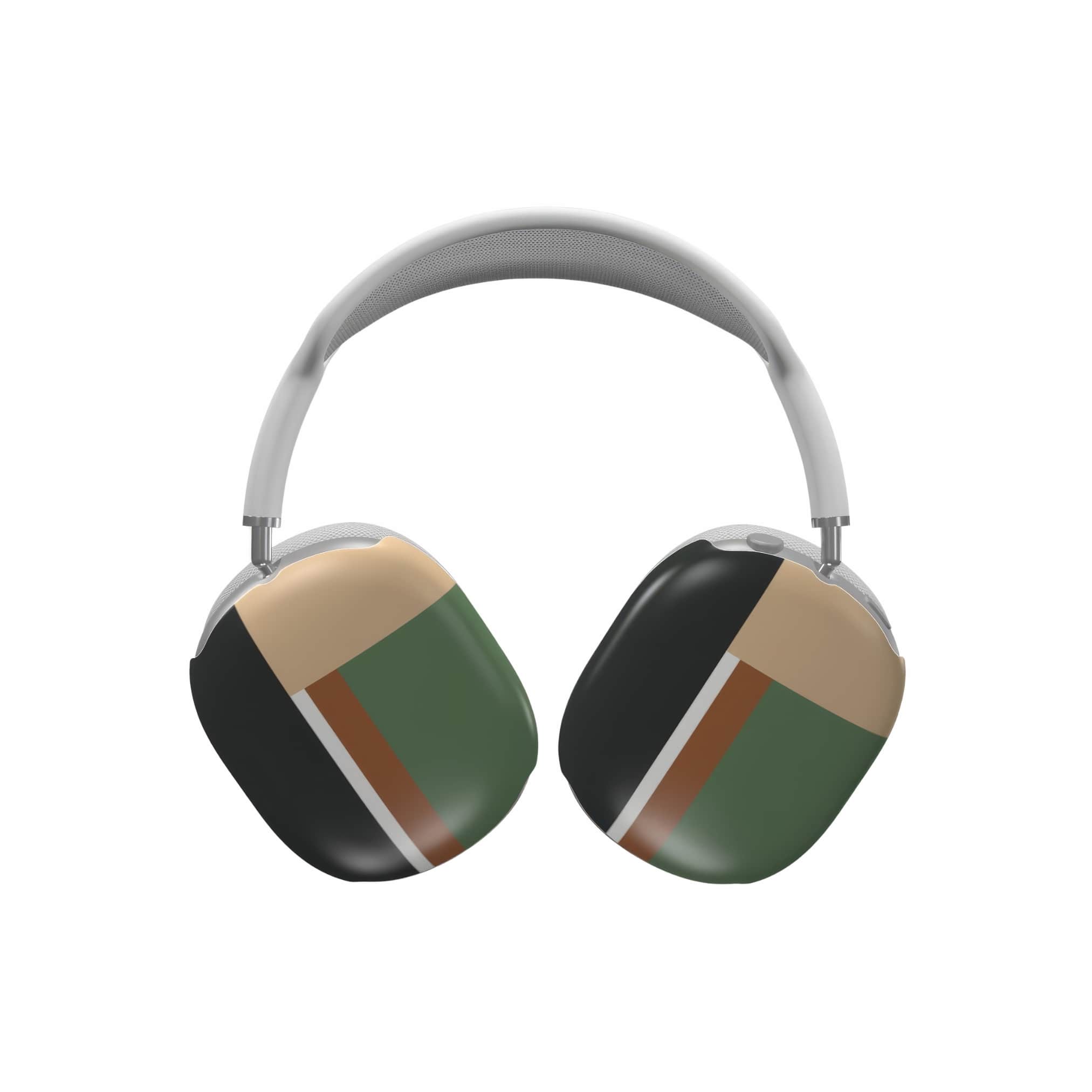 AirPods Max tough case Retro Stripes Khaki pattern design with a bold color blocks in vintage, mid century modern style, featuring an elegant and expressive aesthetic design. Main colors are khaki, dark green, brown and cappuccino. Front view.