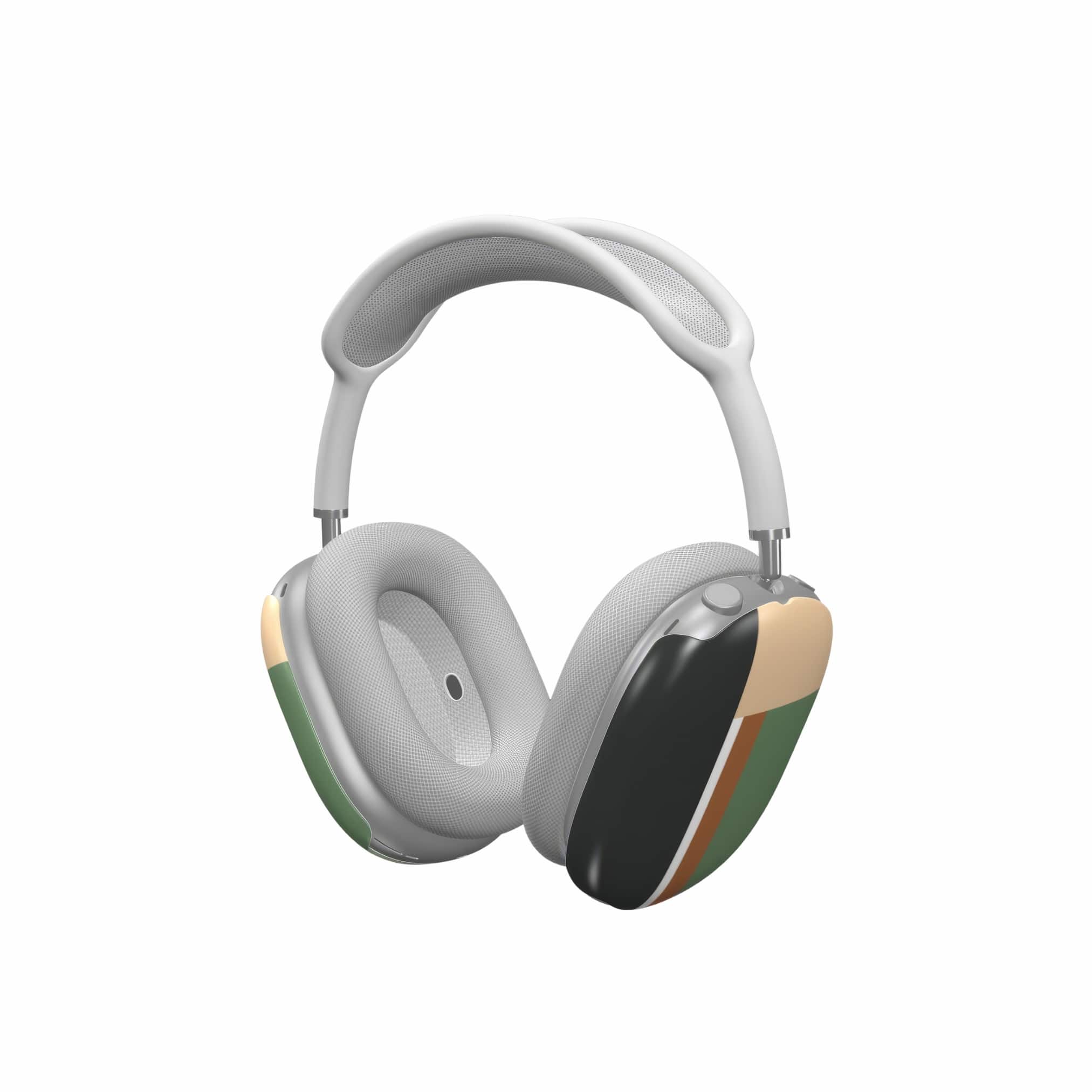 AirPods Max tough case Retro Stripes Khaki pattern design with a bold color blocks in vintage, mid century modern style, featuring an elegant and expressive aesthetic design. Main colors are khaki, dark green, brown and cappuccino. Side view.