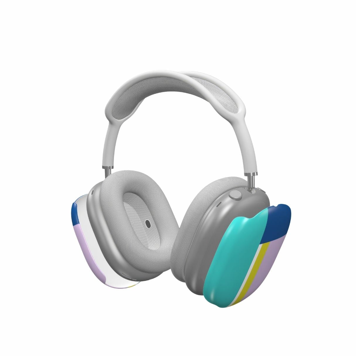 AirPods Max tough case Retro Stripes Teal pattern design with a bold color blocks in vintage, mid century modern style, featuring an elegant and expressive aesthetic design. Main colors are navy blue, teal green, lilac and yellow. Extend view.