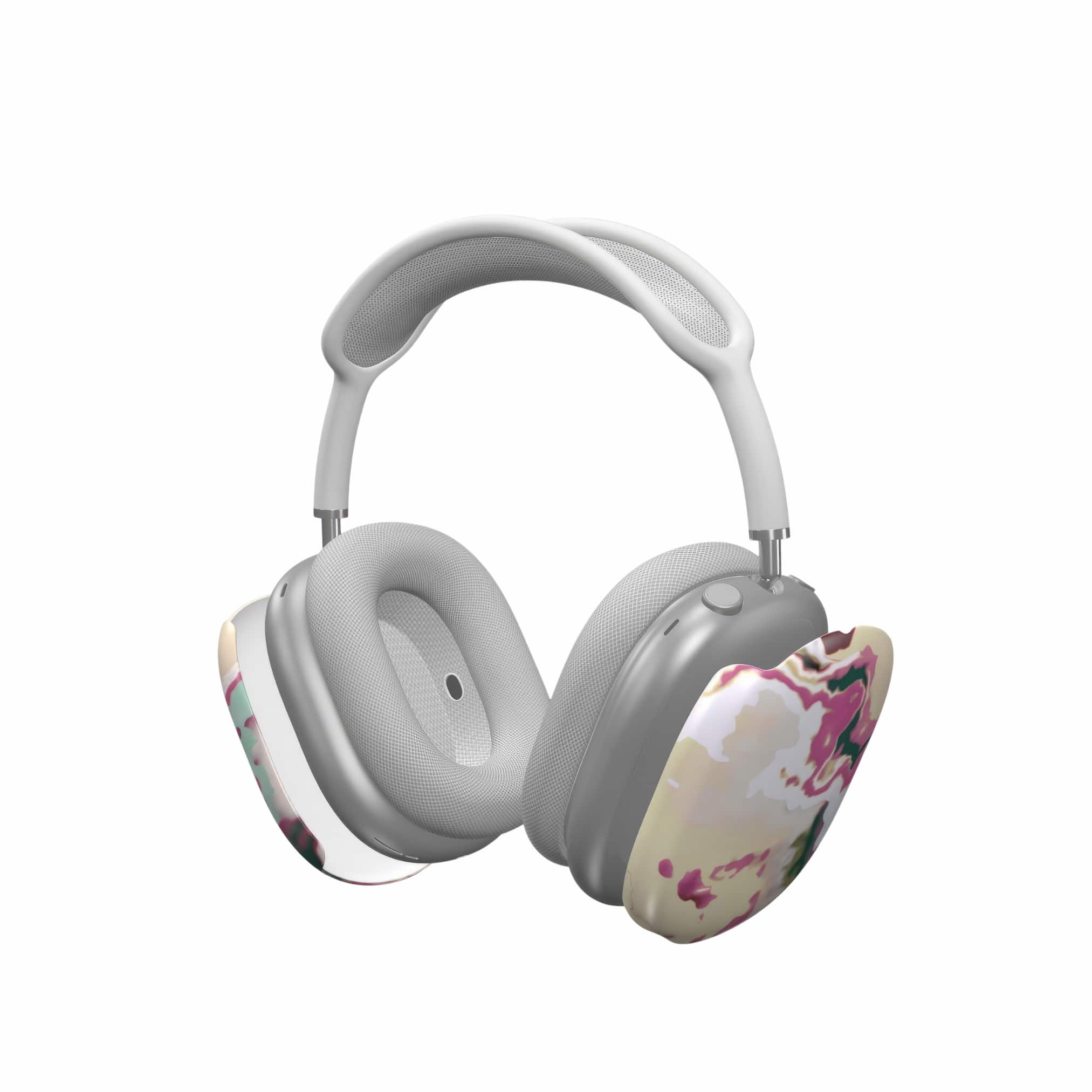 Tough AirPods Max case extend view; Sandscape Dream pattern, artistic, abstract marble pattern. Beige and purple colors.