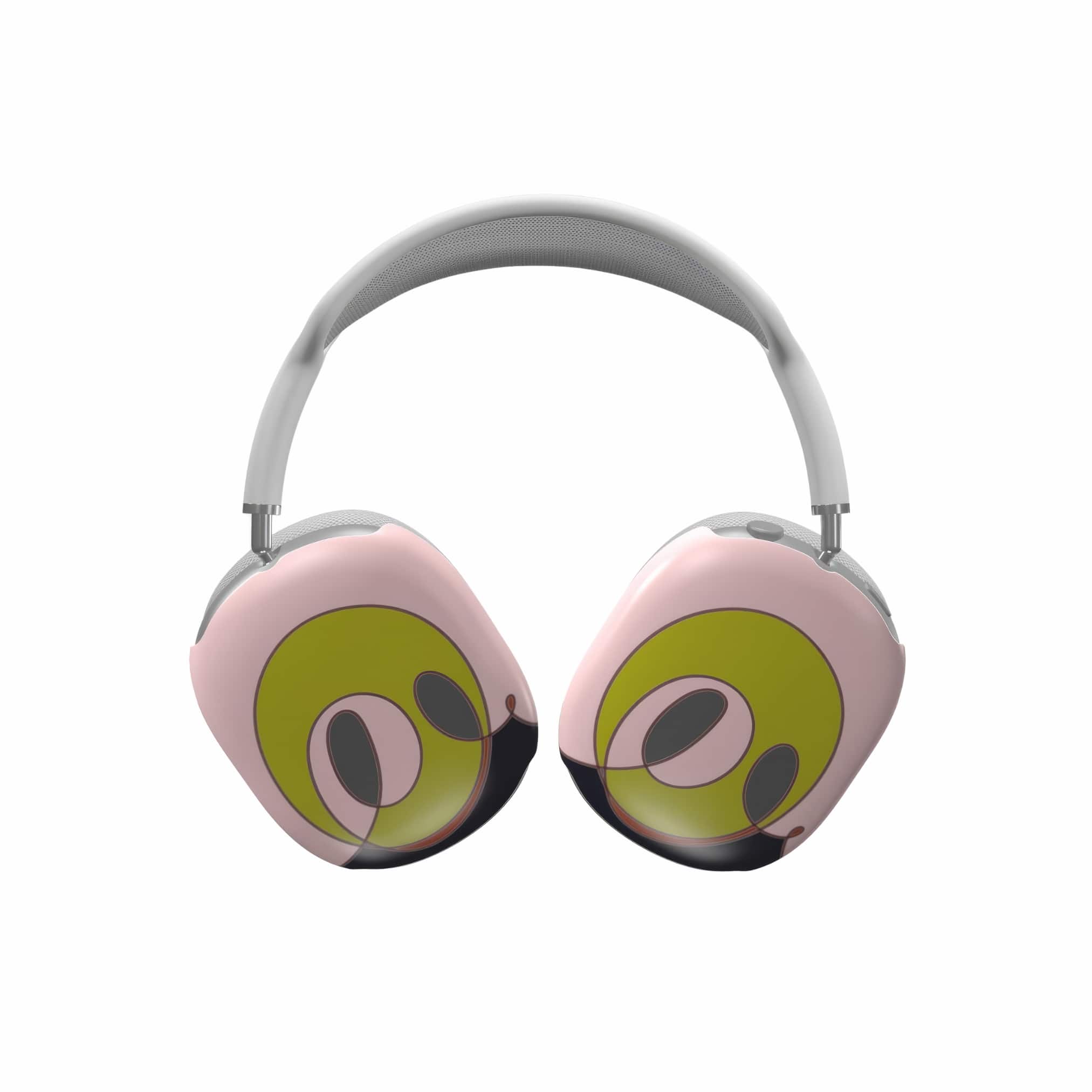 Apple AirPods Max tough case Smile pattern design with a playful, bold expression of joy captured in abstract form, featuring an elegant and expressive aesthetic design. Main colors are pink and mustard yellow. Front view.