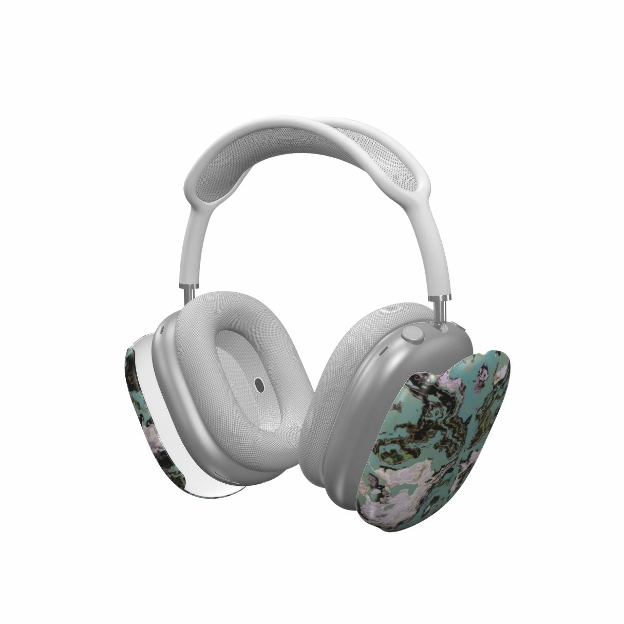 Apple AirPods Max tough case with a bold vivid pattern in marble abstract and artistic style, featuring an elegant and expressive aesthetic design. Main colors are teal blue and light lilac. Extend view.