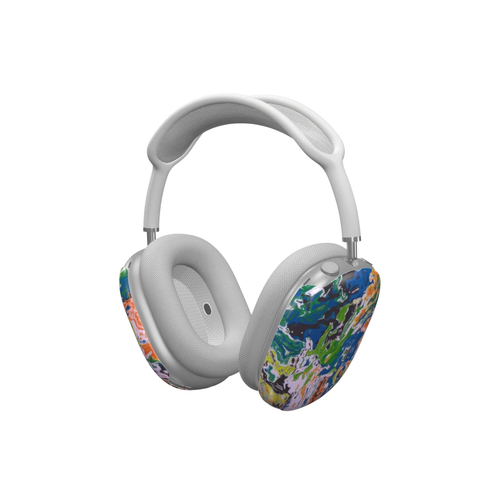 AirPods Max case with a bold vivid pattern in marble abstract and artistic style, featuring an elegant and expressive aesthetic design. Main colors are blue, green and yellow with slight orange. Side view.