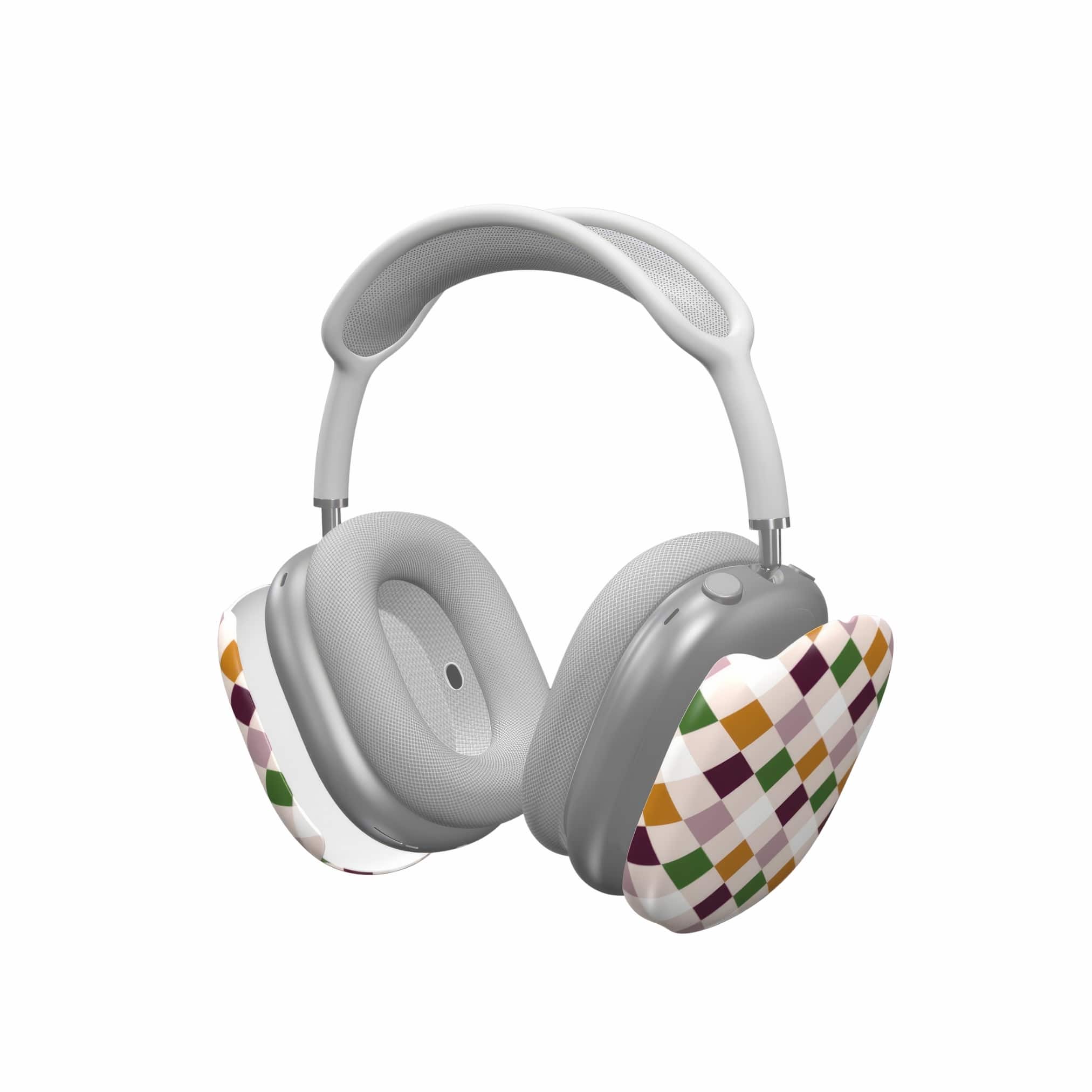 AirPods Max ultra thin tough case Wonder Chess pattern design with a dynamic geometric symmetry in chess style, featuring an elegant and expressive aesthetic design. Main colors are sugar brown, green, deep cherry and pink. Extend view.