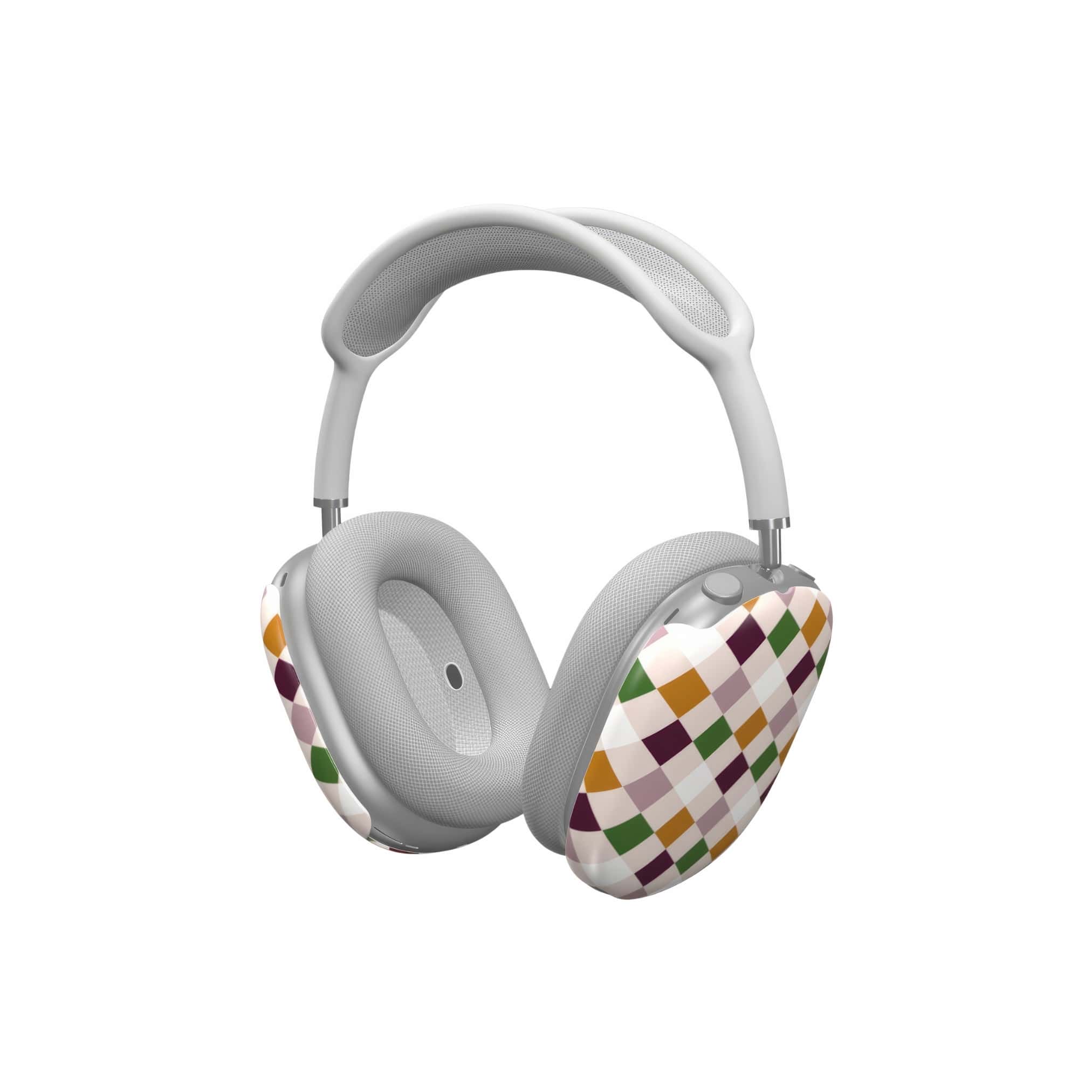 AirPods Max ultra thin tough case Wonder Chess pattern design with a dynamic geometric symmetry in chess style, featuring an elegant and expressive aesthetic design. Main colors are sugar brown, green, deep cherry and pink. Side view.