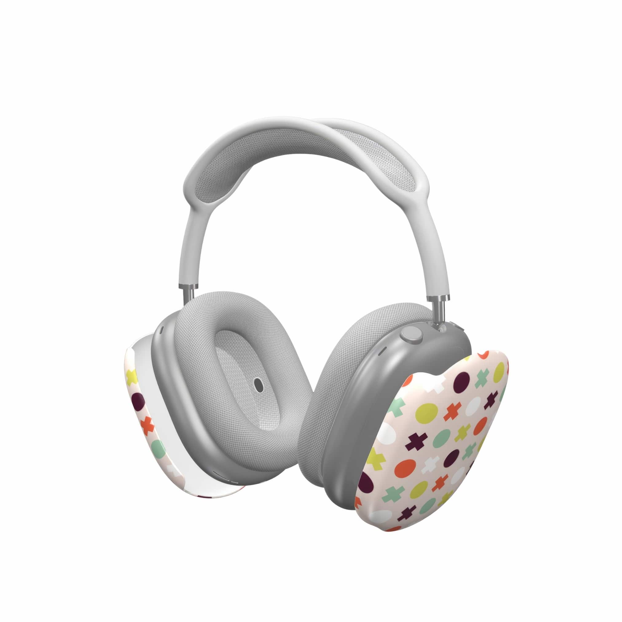 AirPods Max tough thin hard shell case XOXO pattern design with a circles and cross modern style, featuring an elegant and expressive aesthetic design. Main colors are orange red, purple, yellow and mint. Extend view.