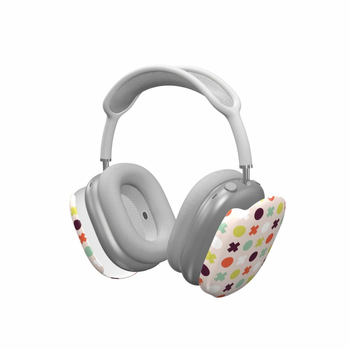 AirPods Max tough thin hard shell case XOXO pattern design with a circles and cross modern style, featuring an elegant and expressive aesthetic design. Main colors are orange red, purple, yellow and mint. Extend view.