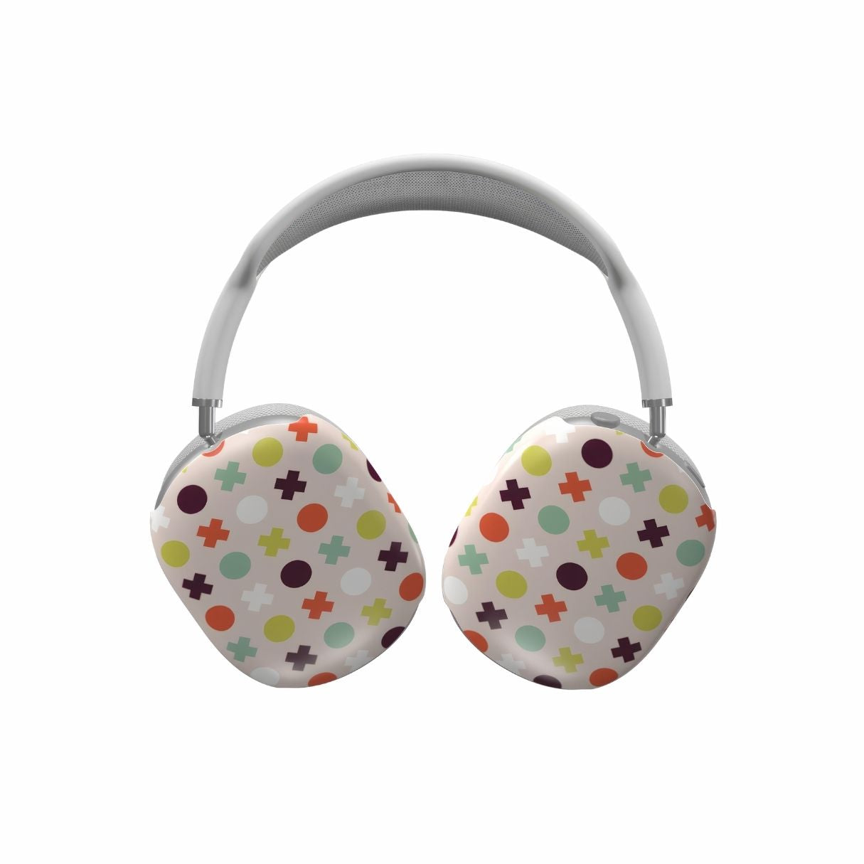 AirPods Max tough thin hard shell case XOXO pattern design with a circles and cross modern style, featuring an elegant and expressive aesthetic design. Main colors are orange red, purple, yellow and mint. Front view.