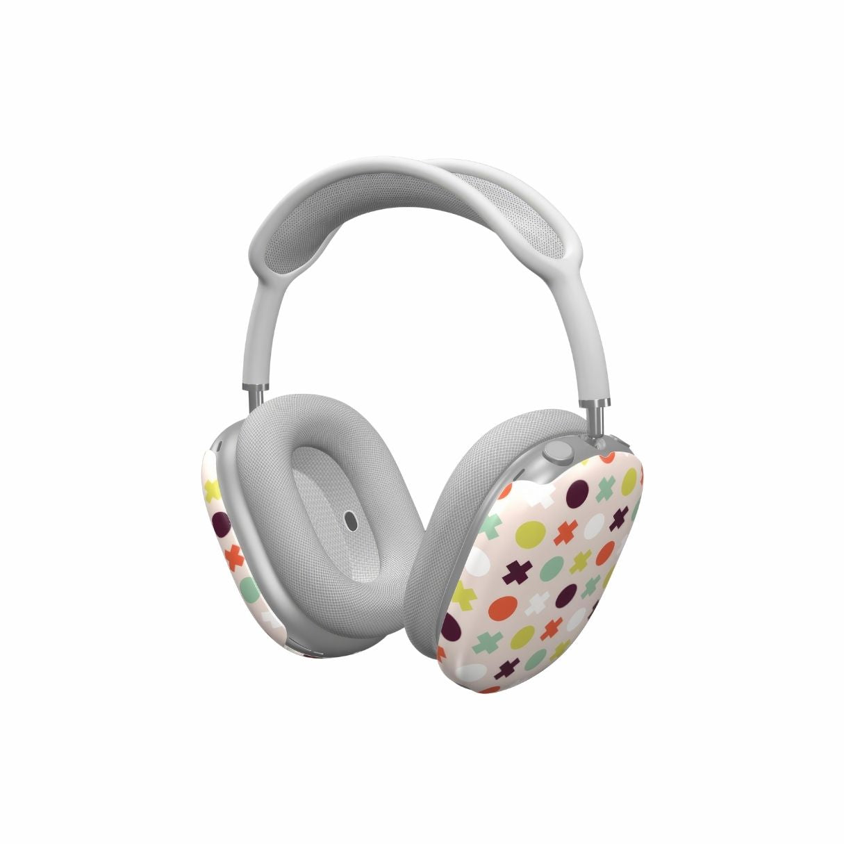 AirPods Max tough thin hard shell case XOXO pattern design with a circles and cross modern style, featuring an elegant and expressive aesthetic design. Main colors are orange red, purple, yellow and mint. Side view.