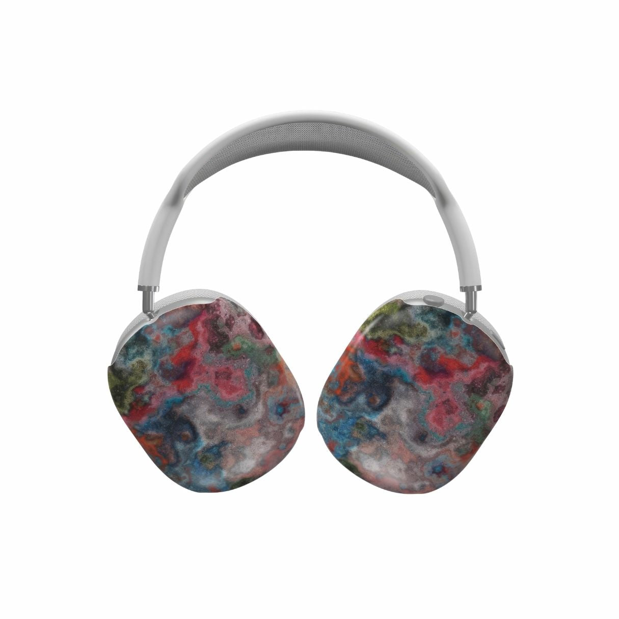 AirPods Max case with vivid color pattern Color Fog abstract and artistic style, featuring an elegant and expressive aesthetic design. Main colors are red, deep blue and green. Front view.