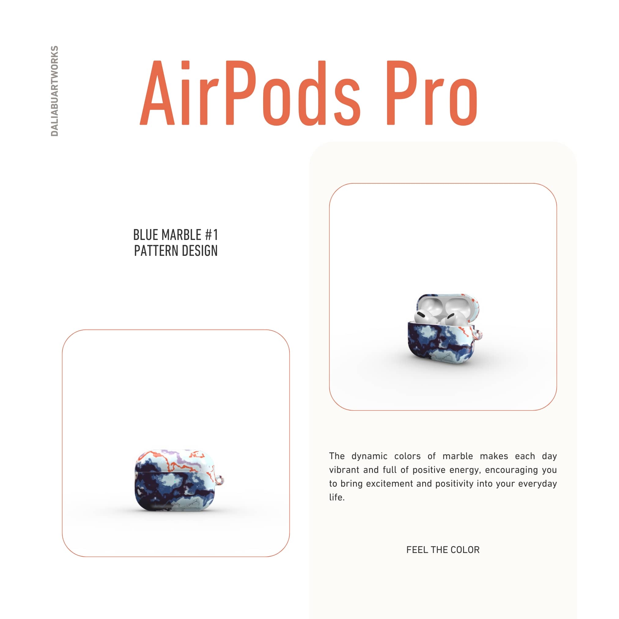 AirPods Pro tough case description; Blue Marble 1 pattern, artistic, abstract marble pattern. Dark blue and light blue with some red lines color combination. Bold expressive aesthetic design. Colorful and interior fit. Elegant.