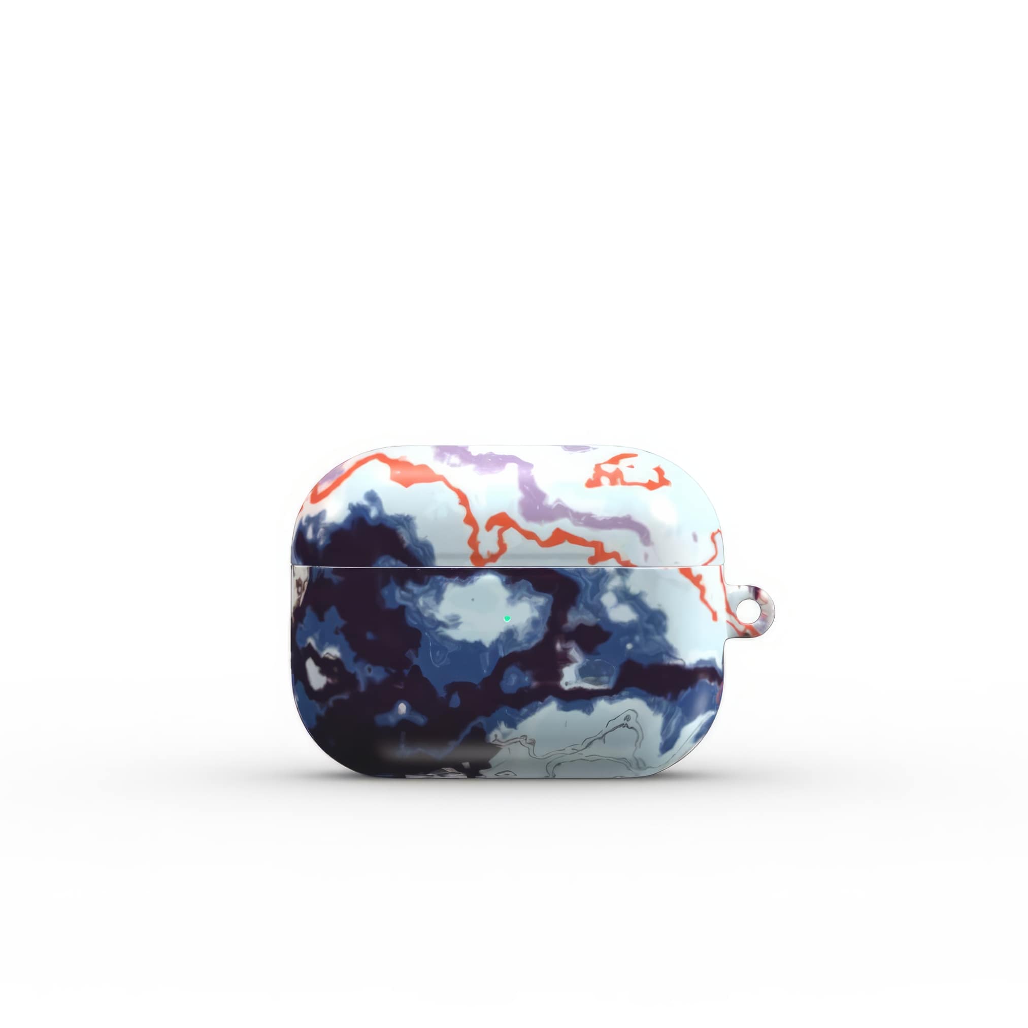 AirPods Pro tough case front view; Blue Marble 1 pattern, artistic, abstract marble pattern. Dark blue and light blue with some red lines color combination. Bold expressive aesthetic design. Colorful and interior fit. Elegant.