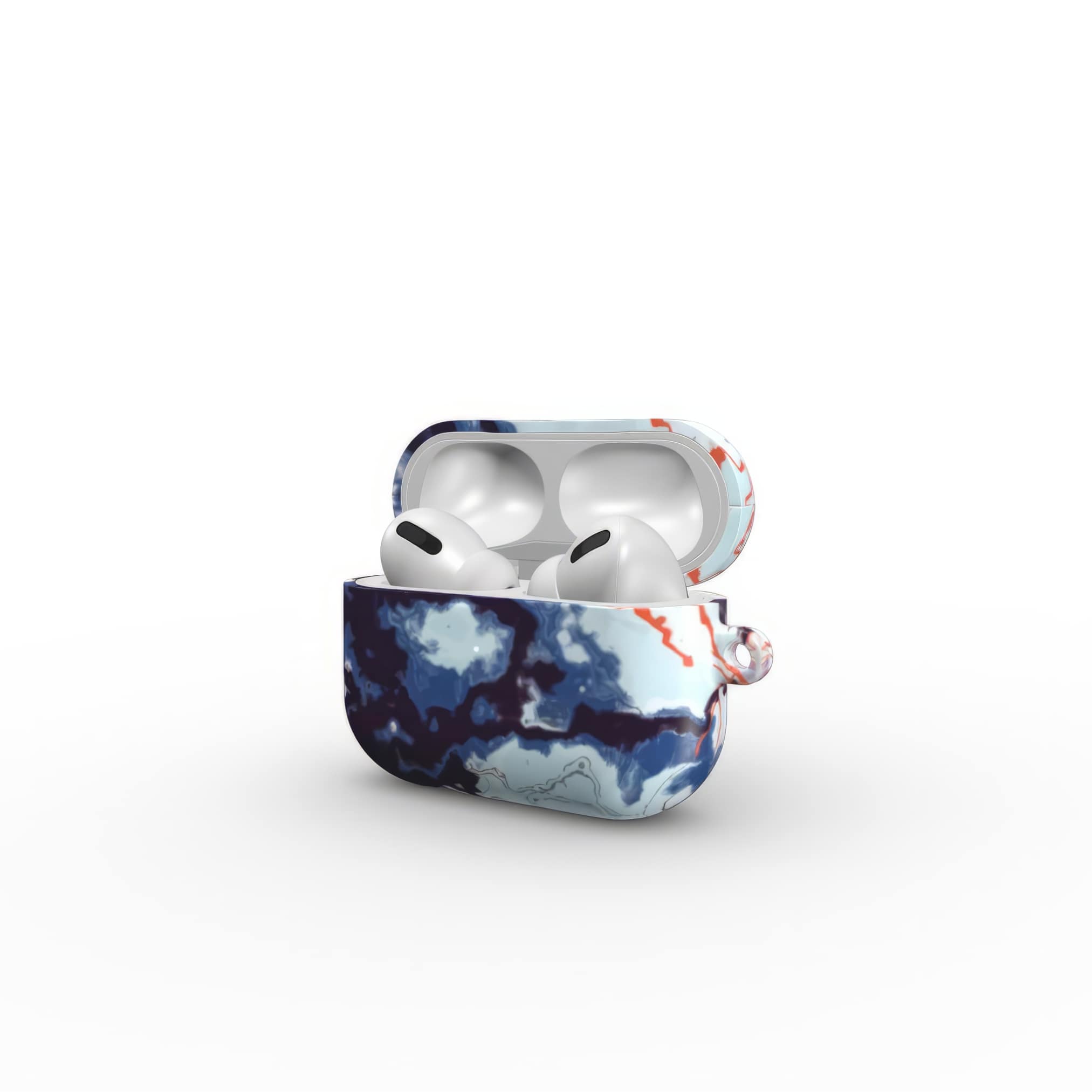 AirPods Pro tough case side view; Blue Marble 1 pattern, artistic, abstract marble pattern. Dark blue and light blue with some red lines color combination. Bold expressive aesthetic design. Colorful and interior fit. Elegant.