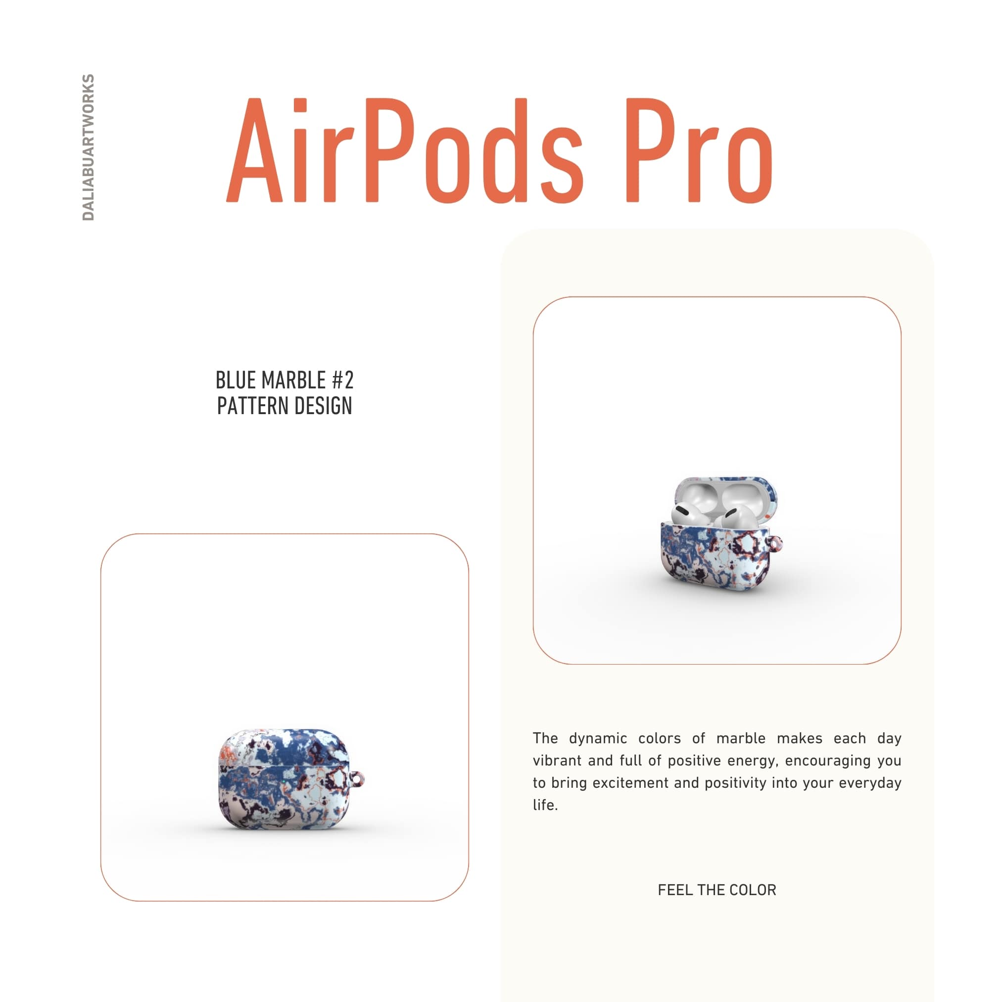 AirPods Pro tough case front view; Blue Marble 2 pattern, artistic, abstract marble pattern. Blue and pink color combination.
