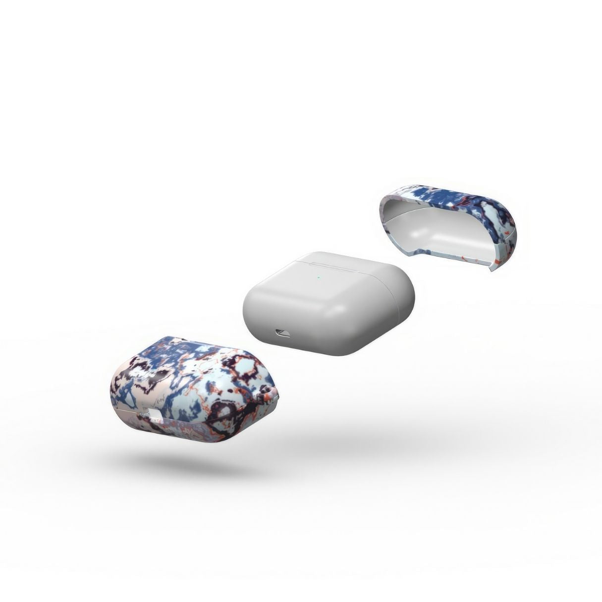 AirPods Pro tough case extend view; Blue Marble Mist pattern, artistic, abstract marble pattern. Blue and pink color combination.