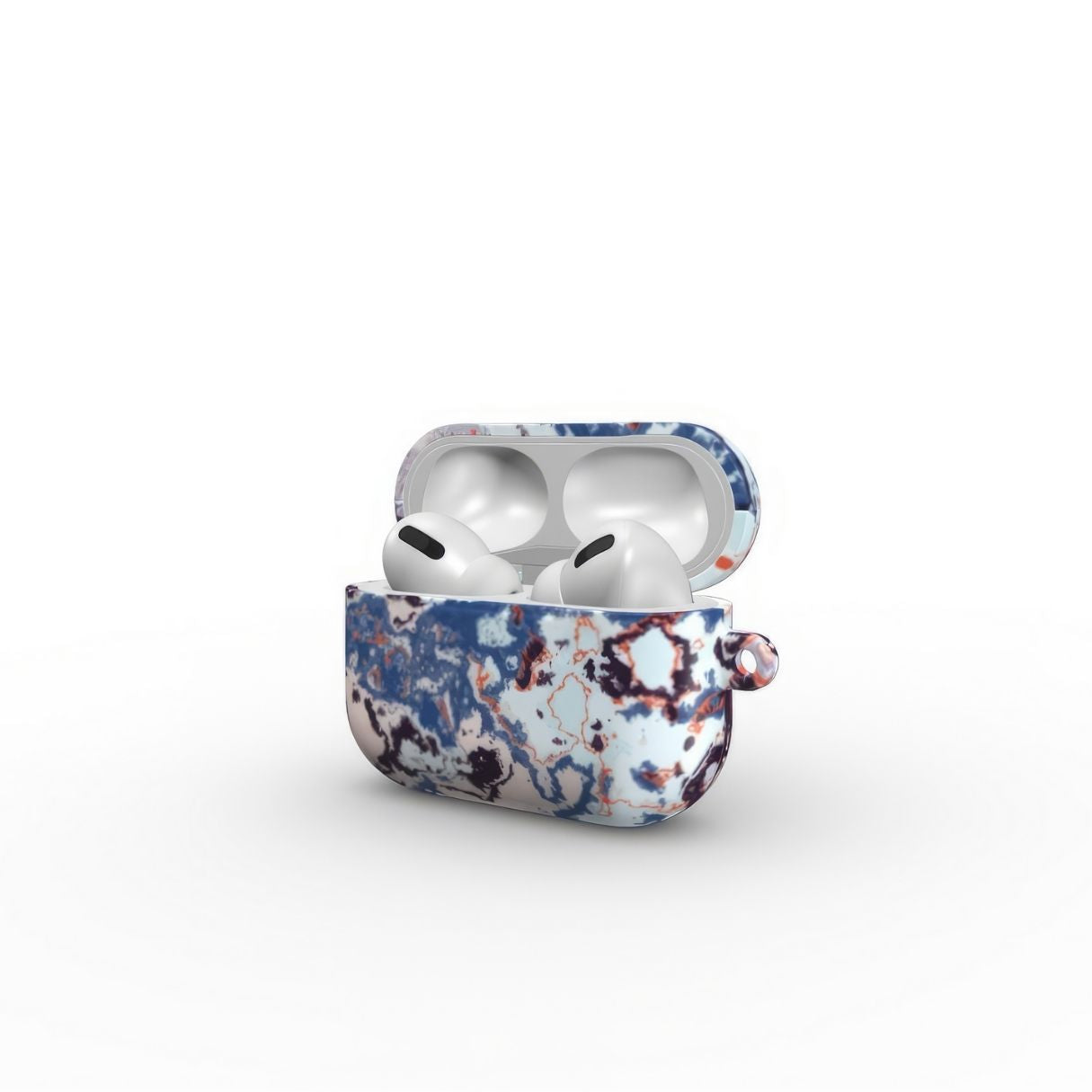 AirPods Pro tough case side open view; Blue Marble Mist pattern, artistic, abstract marble pattern. Blue and pink color combination.