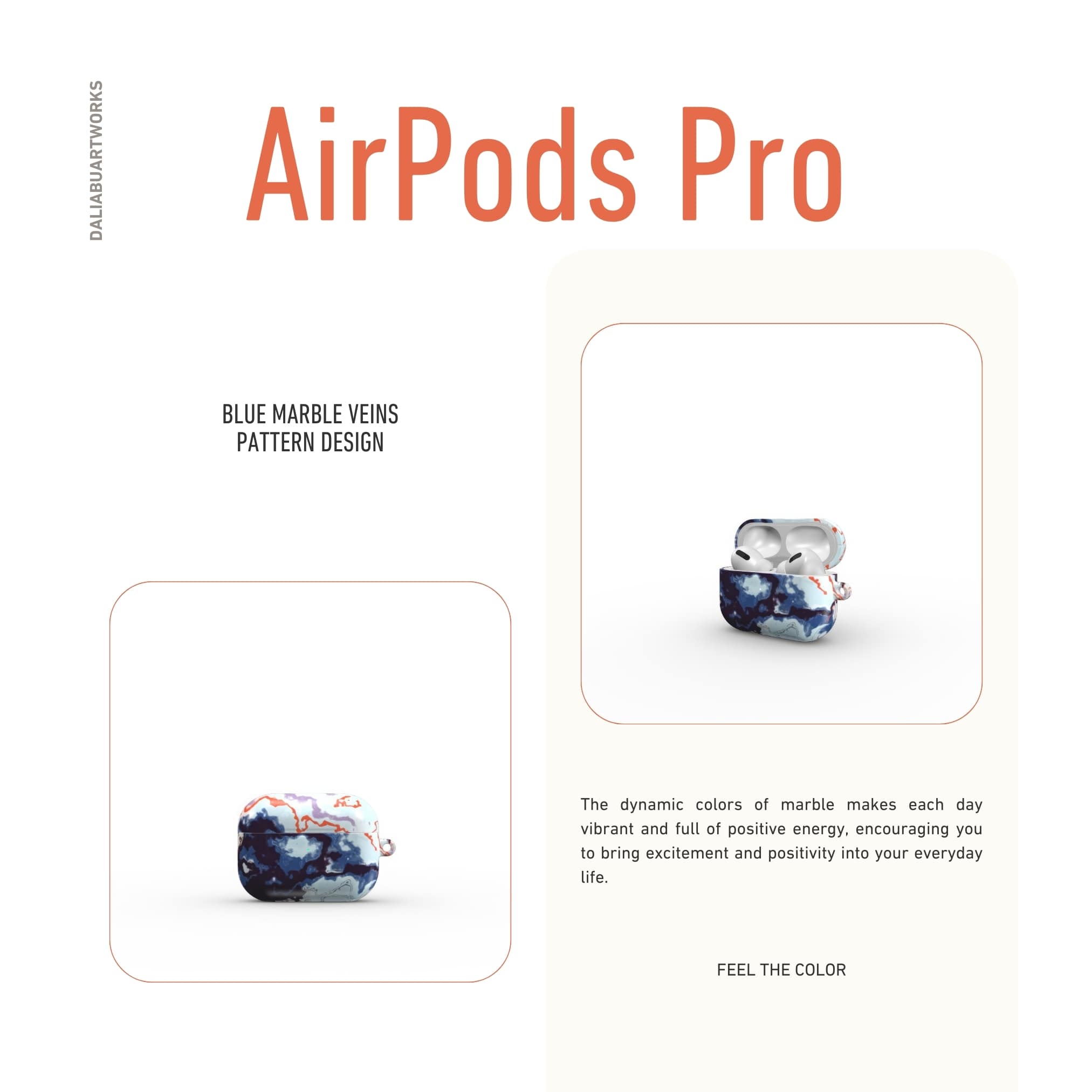 AirPods Pro tough case description; Blue Marble Veins pattern, artistic, abstract marble pattern. Dark blue and light blue with some red lines color combination. Bold expressive aesthetic design. Colorful and interior fit. Elegant.