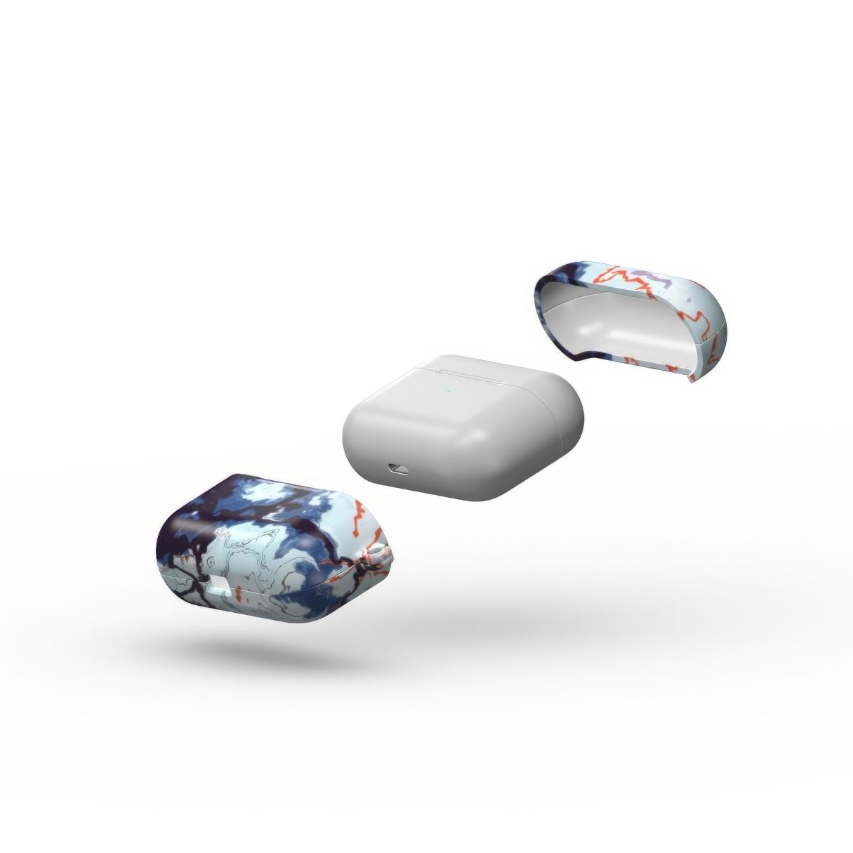 AirPods Pro tough case extend view; Blue Marble Veins pattern, artistic, abstract marble pattern. Dark blue and light blue with some red lines color combination. Bold expressive aesthetic design. Colorful and interior fit. Elegant.