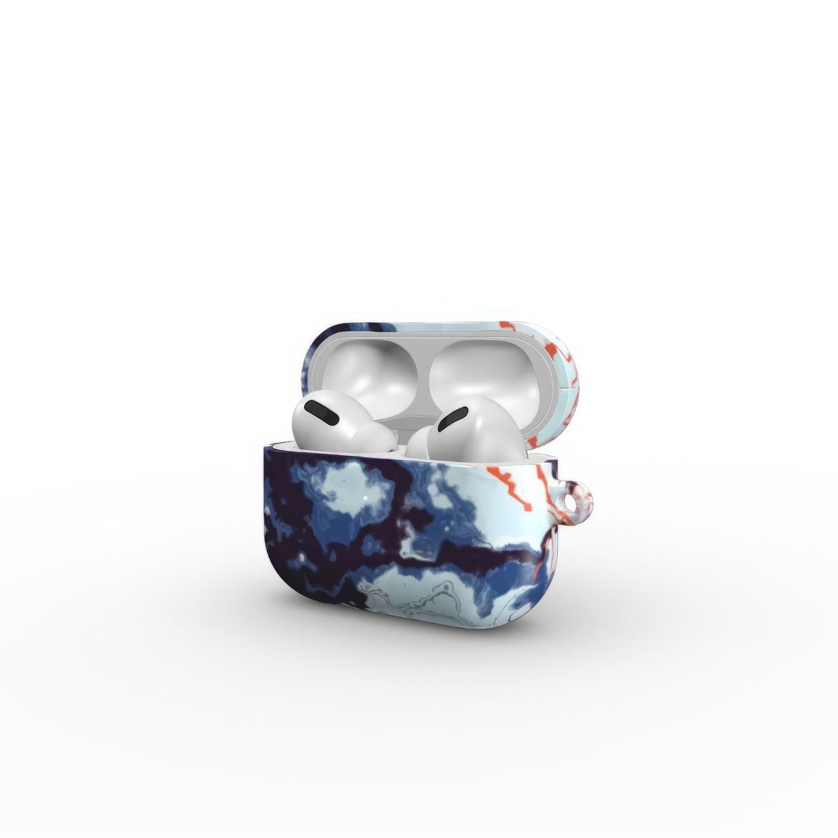 AirPods Pro tough case open side view; Blue Marble Veins pattern, artistic, abstract marble pattern. Dark blue and light blue with some red lines color combination. Bold expressive aesthetic design. Colorful and interior fit. Elegant.