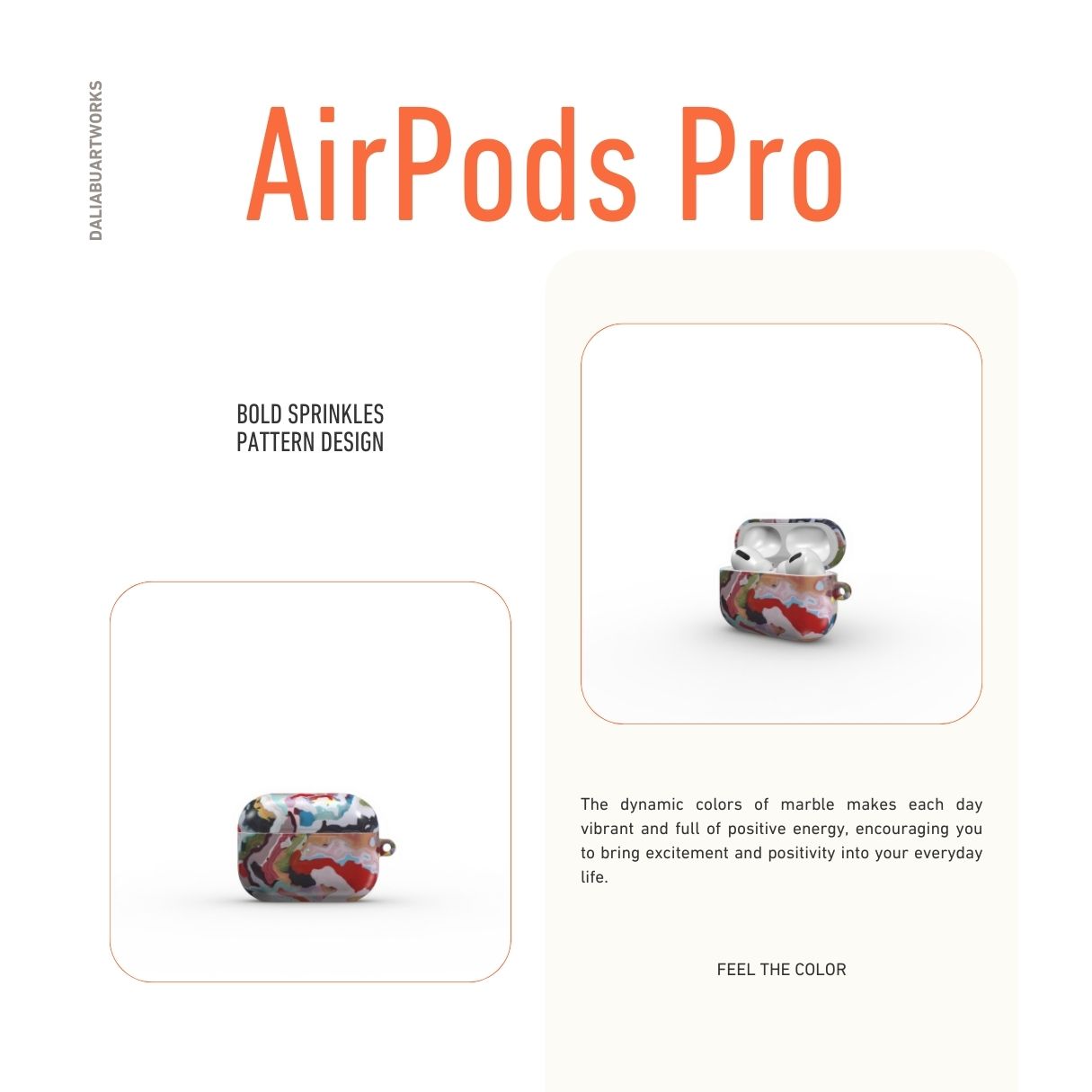 AirPods Pro case front view; Bold Sprinkles pattern, artistic, abstract marble pattern. Mix color combination. Bold expressive aesthetic design. Colorful and interior fit. Elegant.