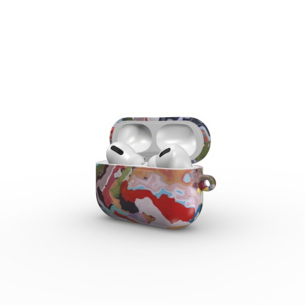 AirPods Pro case side open view; Bold Sprinkles pattern, artistic, abstract marble pattern. Mix color combination. Bold expressive aesthetic design. Colorful and interior fit. Elegant.