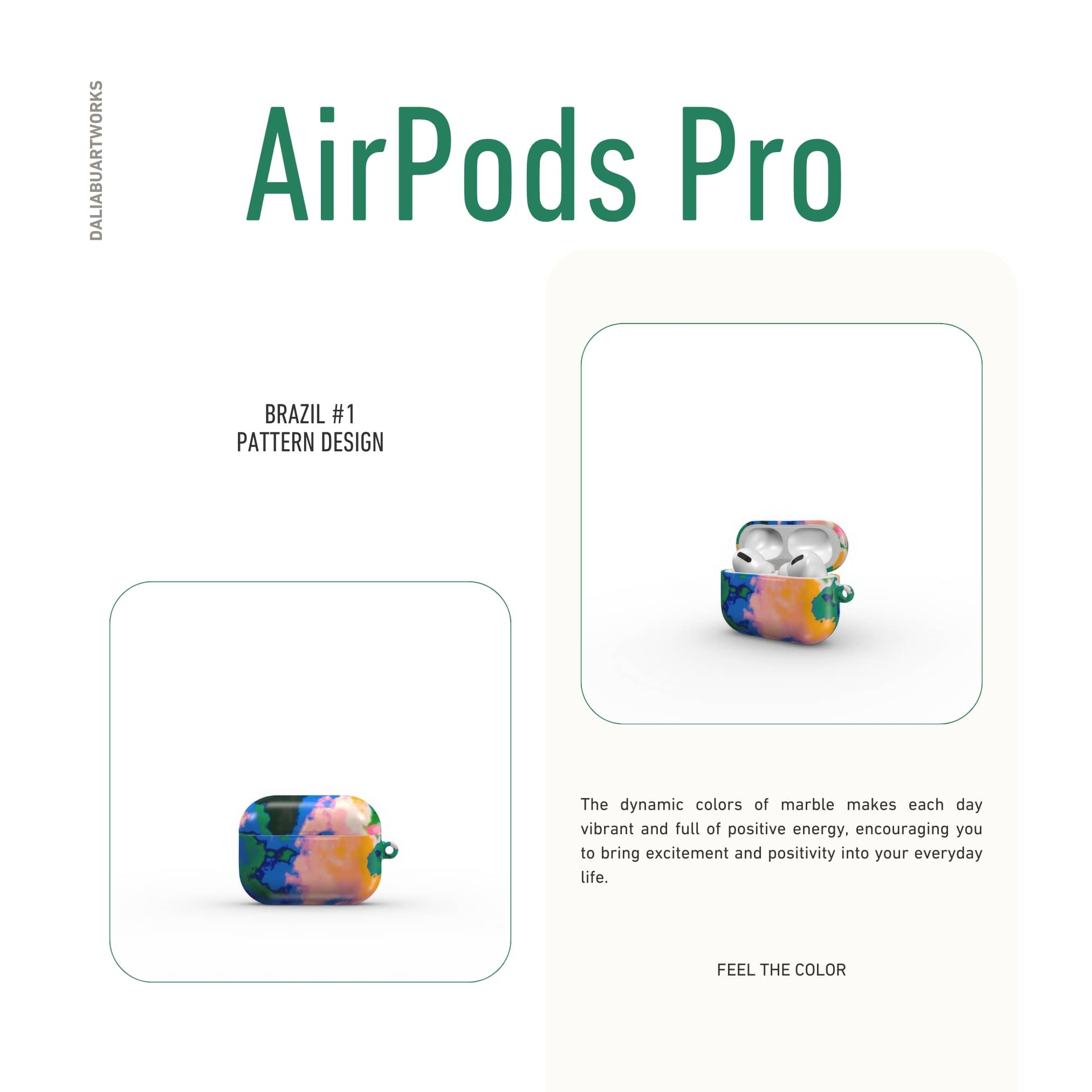AirPods Pro tough case front view; Brazil 1 pattern, artistic, abstract marble pattern. Orange, green and blue color combination.