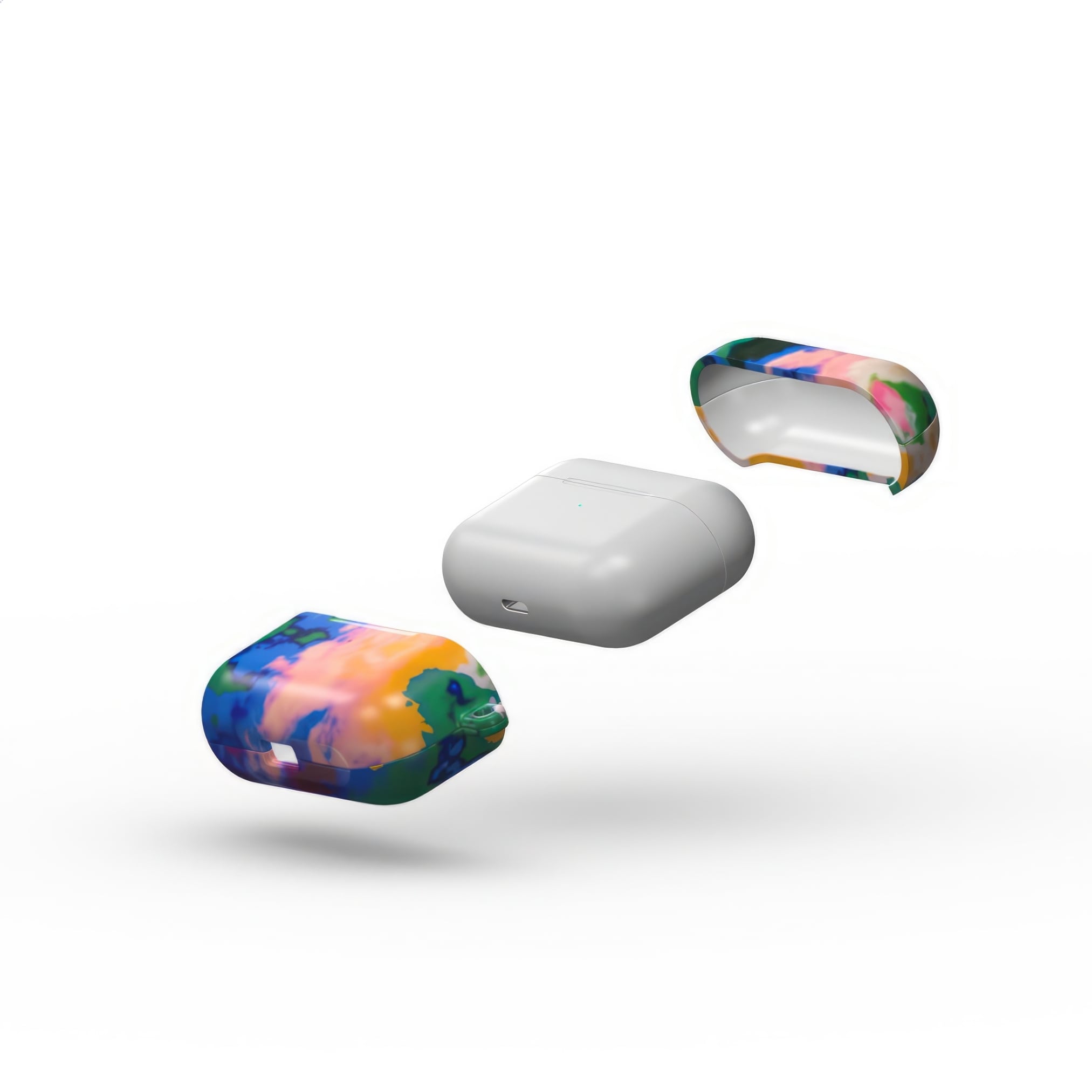 AirPods Pro tough case extend view; Brazil 1 pattern, artistic, abstract marble pattern. Orange, green and blue color combination.