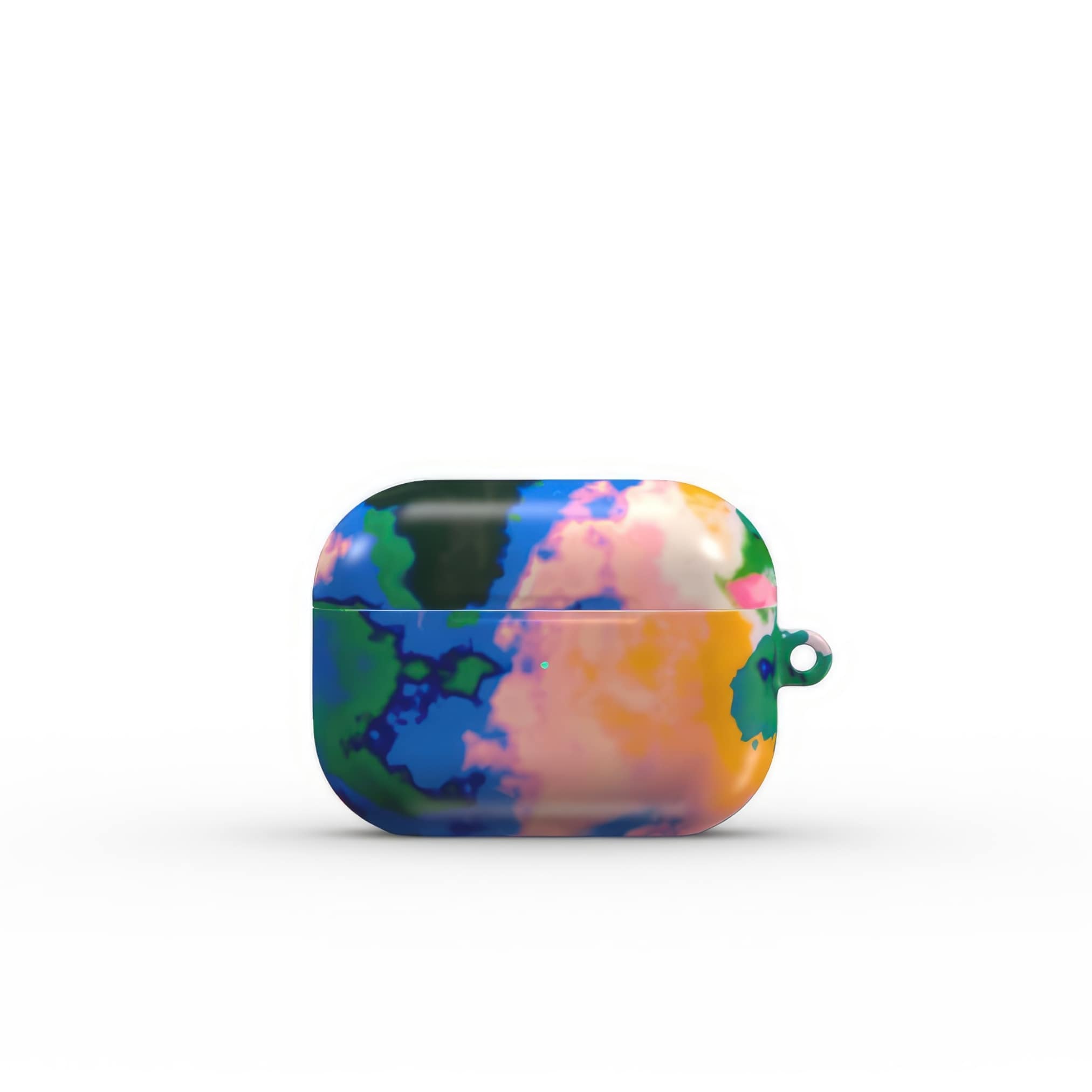 AirPods Pro tough case front view; Brazil 1 pattern, artistic, abstract marble pattern. Orange, green and blue color combination. Bold expressive aesthetic design. Colorful and interior fit. Elegant.