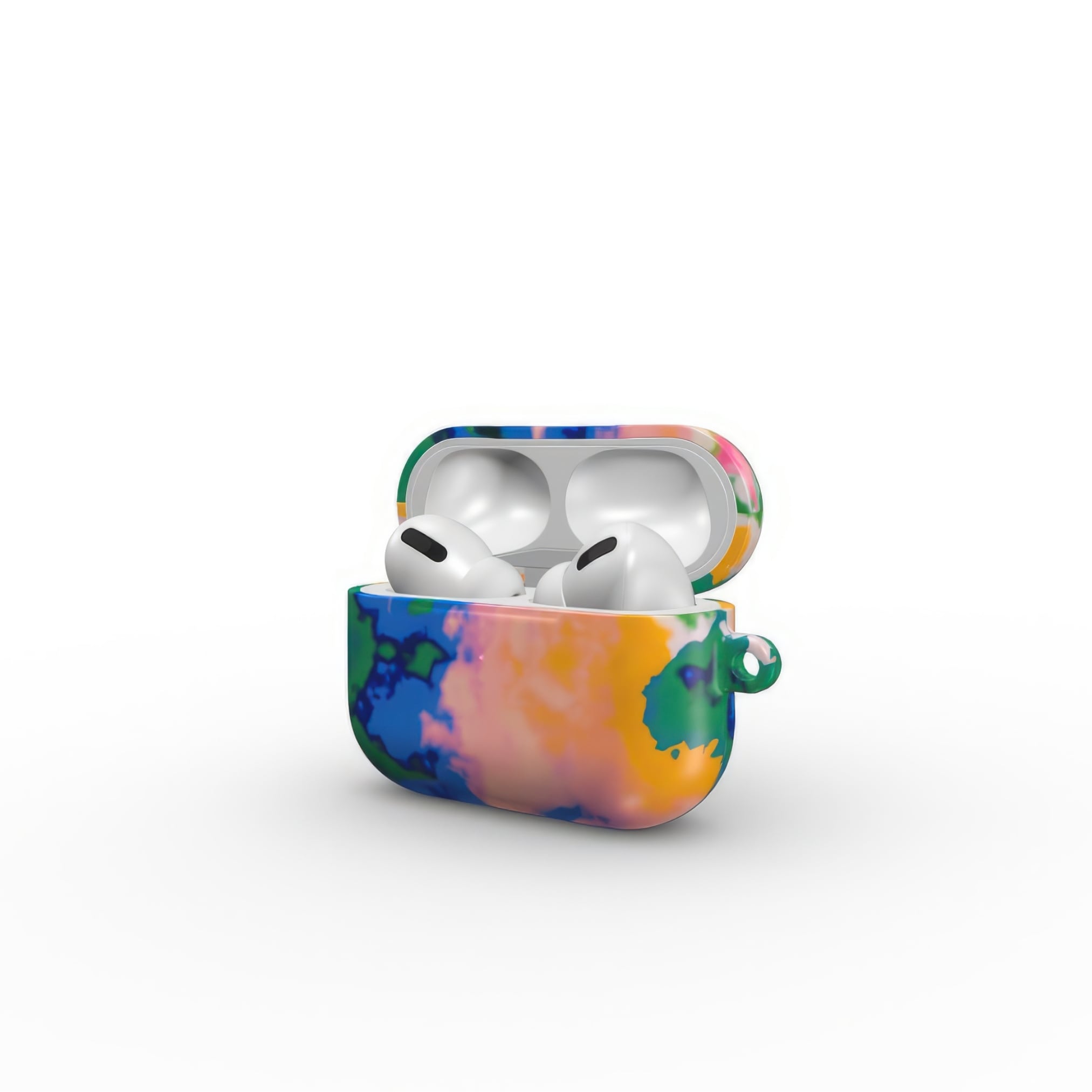 AirPods Pro tough case side open view; Brazil 1 pattern, artistic, abstract marble pattern. Orange, green and blue color combination.