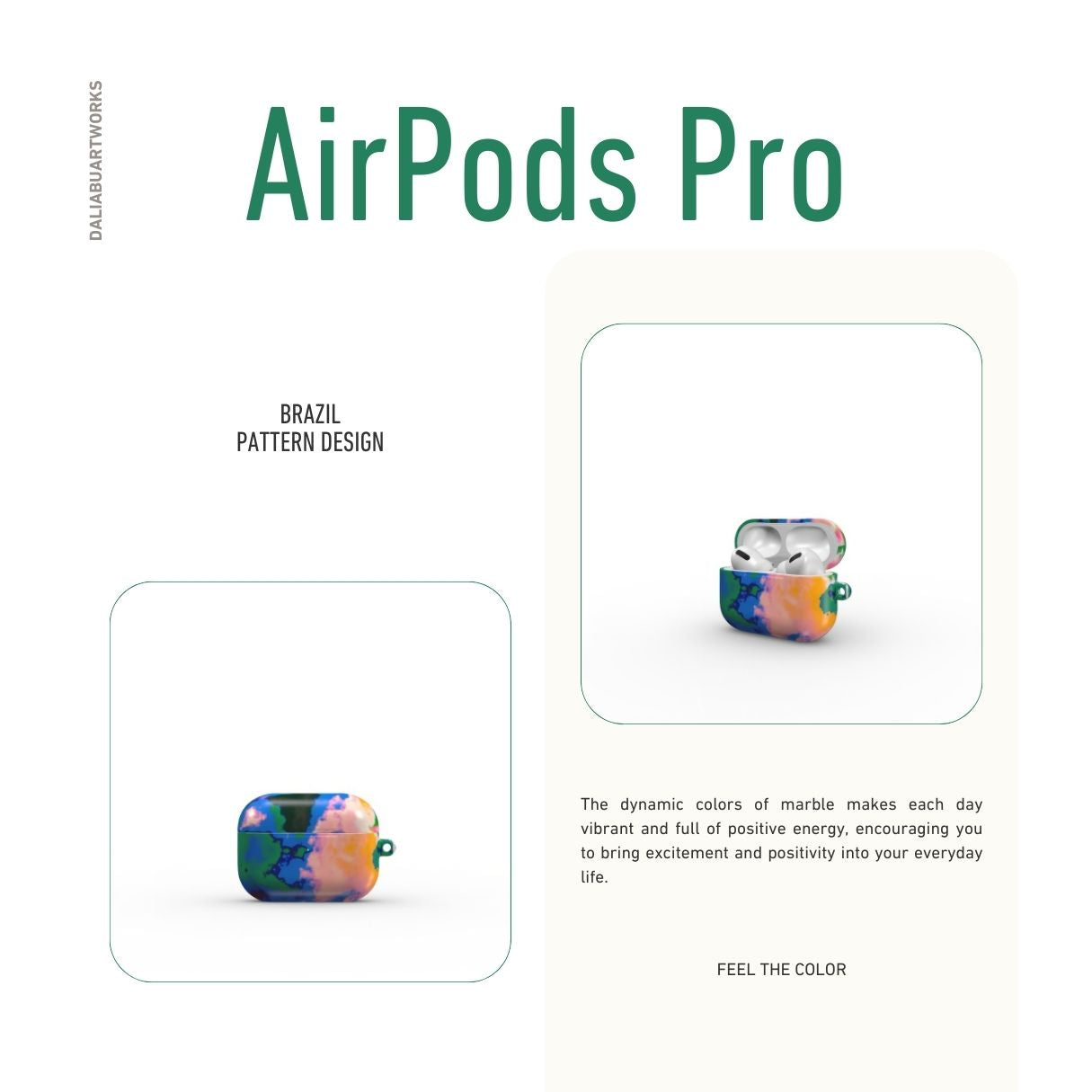AirPods Pro tough case front view; Brazil pattern, artistic, abstract marble pattern. Orange, green and blue color combination.