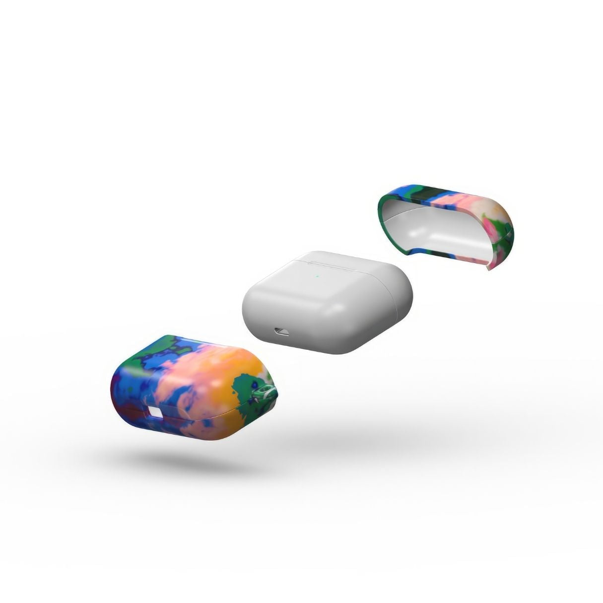 AirPods Pro tough case extend view; Brazil pattern, artistic, abstract marble pattern. Orange, green and blue color combination.