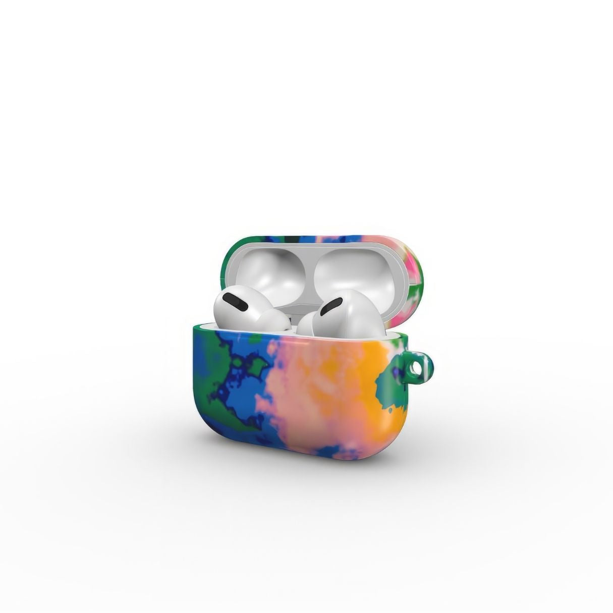 AirPods Pro tough case side open view; Brazil pattern, artistic, abstract marble pattern. Orange, green and blue color combination.