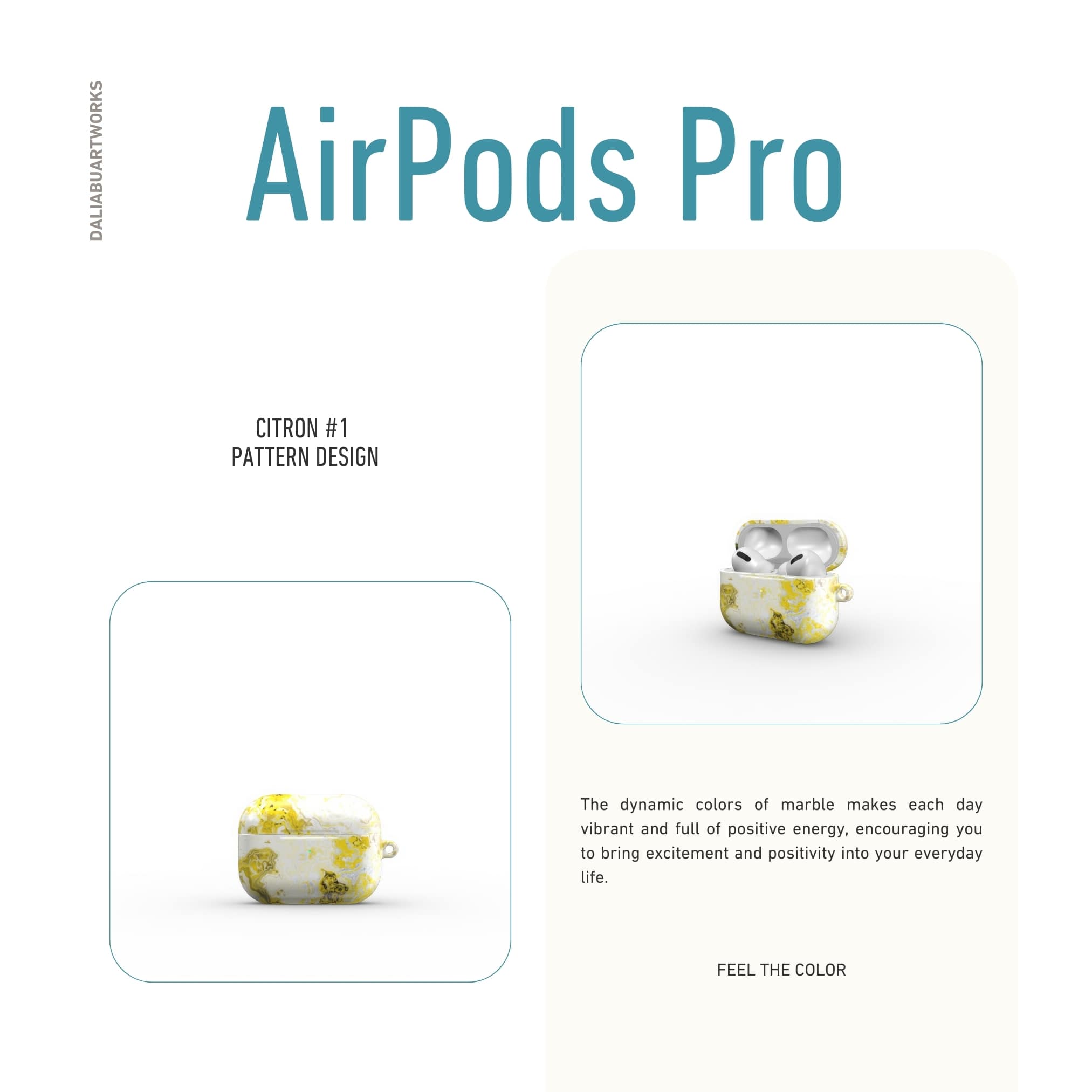 AirPods Pro tough case front view; Citron 1 pattern, artistic, abstract marble pattern. White and yellow color combination.
