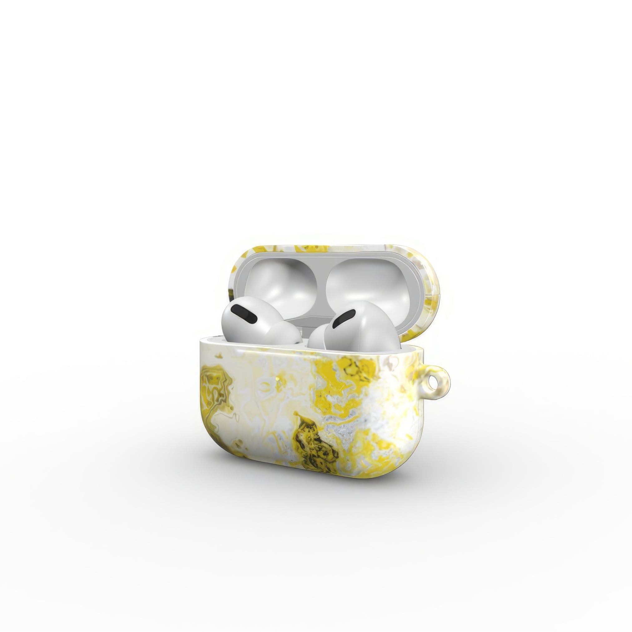 AirPods Pro tough case side open view; Citron 1 pattern, artistic, abstract marble pattern. White and yellow color combination.