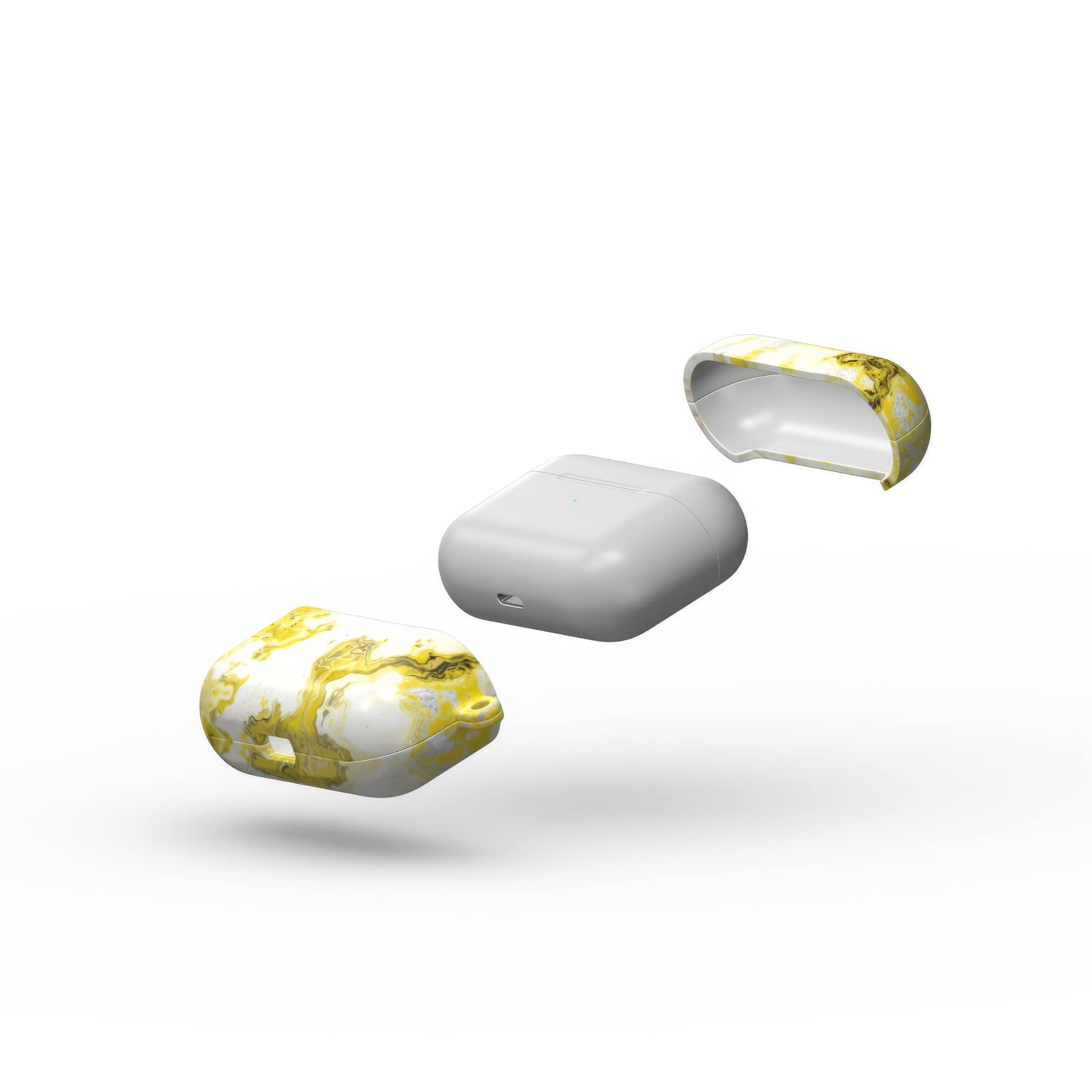 AirPods Pro tough case extend view; Citron pattern, artistic, abstract marble pattern. White and yellow color combination. Bold expressive aesthetic design. Colorful and interior fit. Elegant.