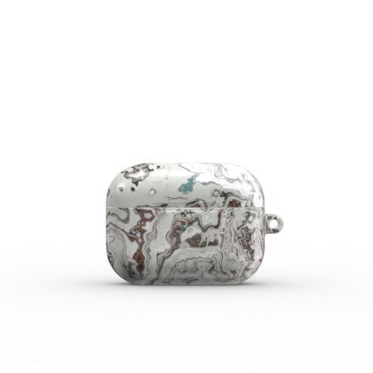 AirPods Pro tough case front view; Classic White Marble pattern, artistic, abstract marble pattern. White and grey color combination.