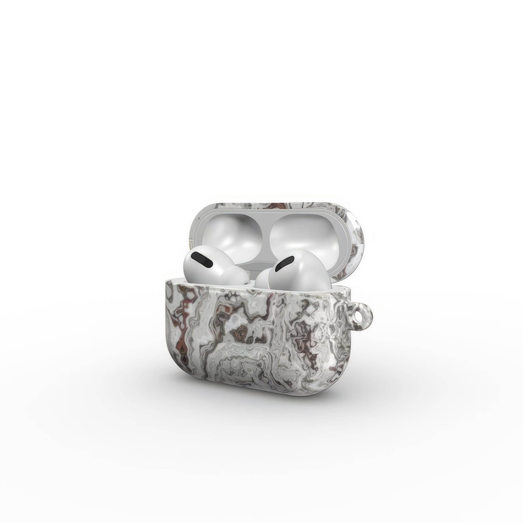 AirPods Pro tough case side open view; Classic White Marble pattern, artistic, abstract marble pattern. White and grey color combination.