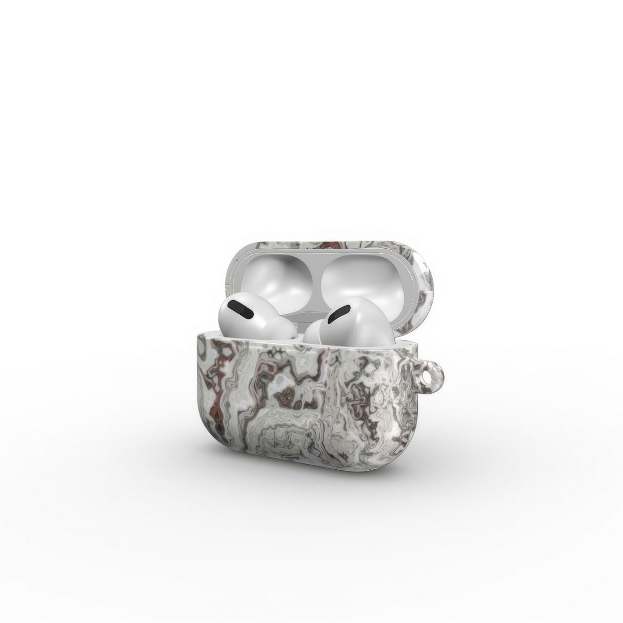 AirPods Pro tough case side open view; Classic White Marble pattern, artistic, abstract marble pattern. White and grey color combination.