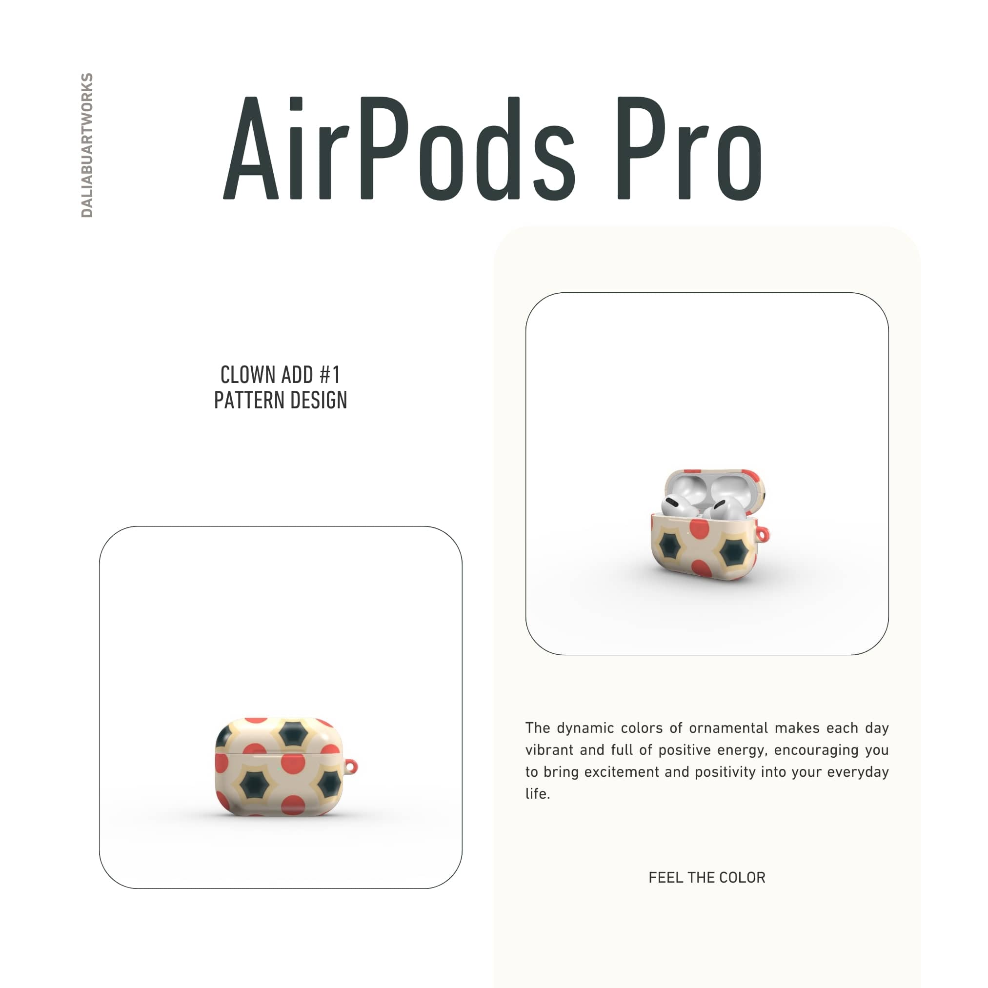 AirPods Pro tough case front view; clown add 1 pattern, artistic, ornamental kaleidoscope pattern. Red and beige color combination.