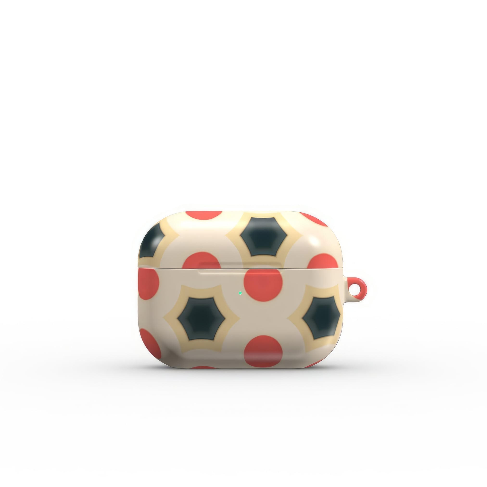 AirPods Pro tough case front view; clown add 1 pattern, artistic, ornamental kaleidoscope pattern. Red and beige color combination. Bold expressive aesthetic design. Colorful and interior fit.
